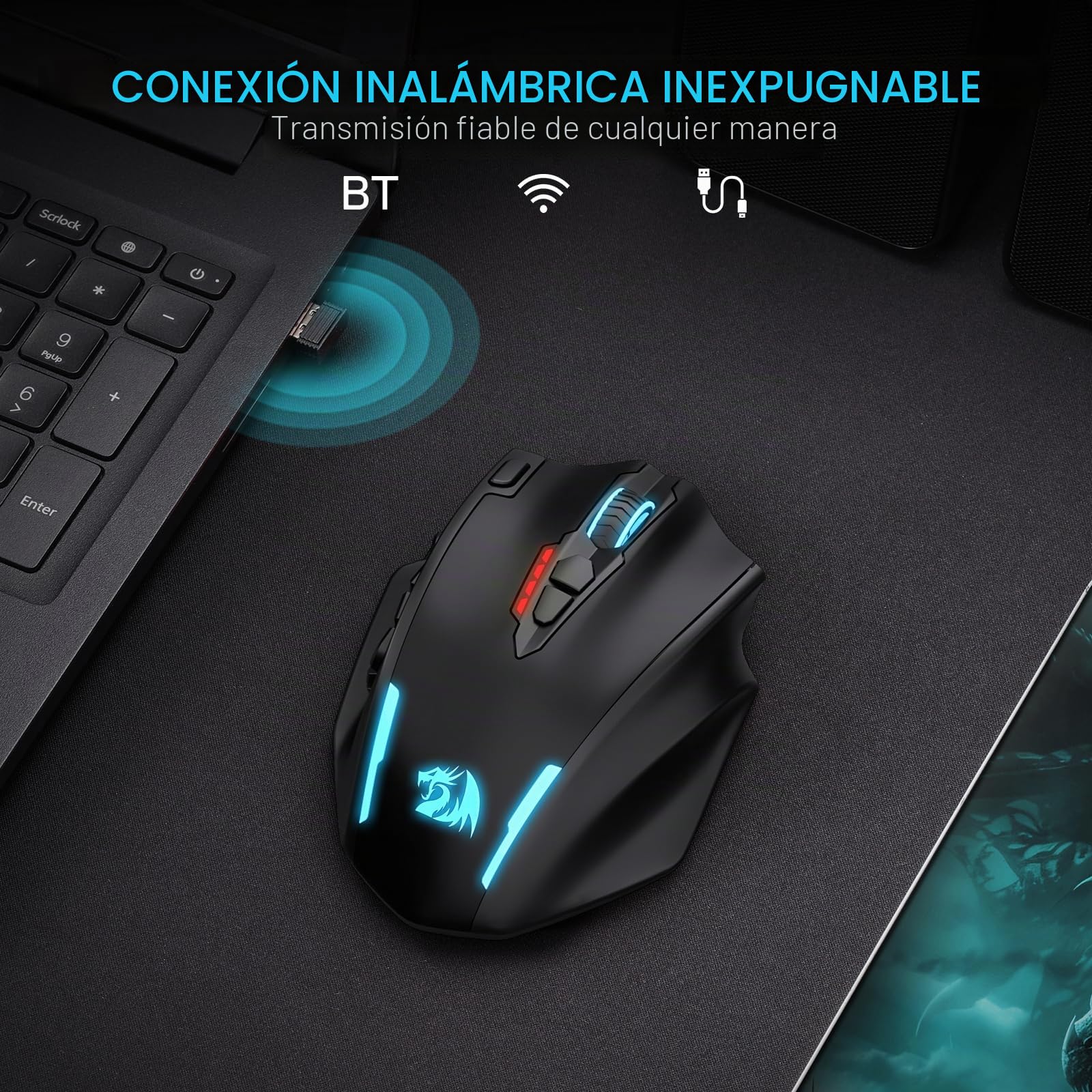 Redragon M913 MAX Ratón Gaming MMO Inalámbrico 26000 dpi | 16 Botones Programables BT 2.4G Conexión Software Enlaces Teclas Ajustables