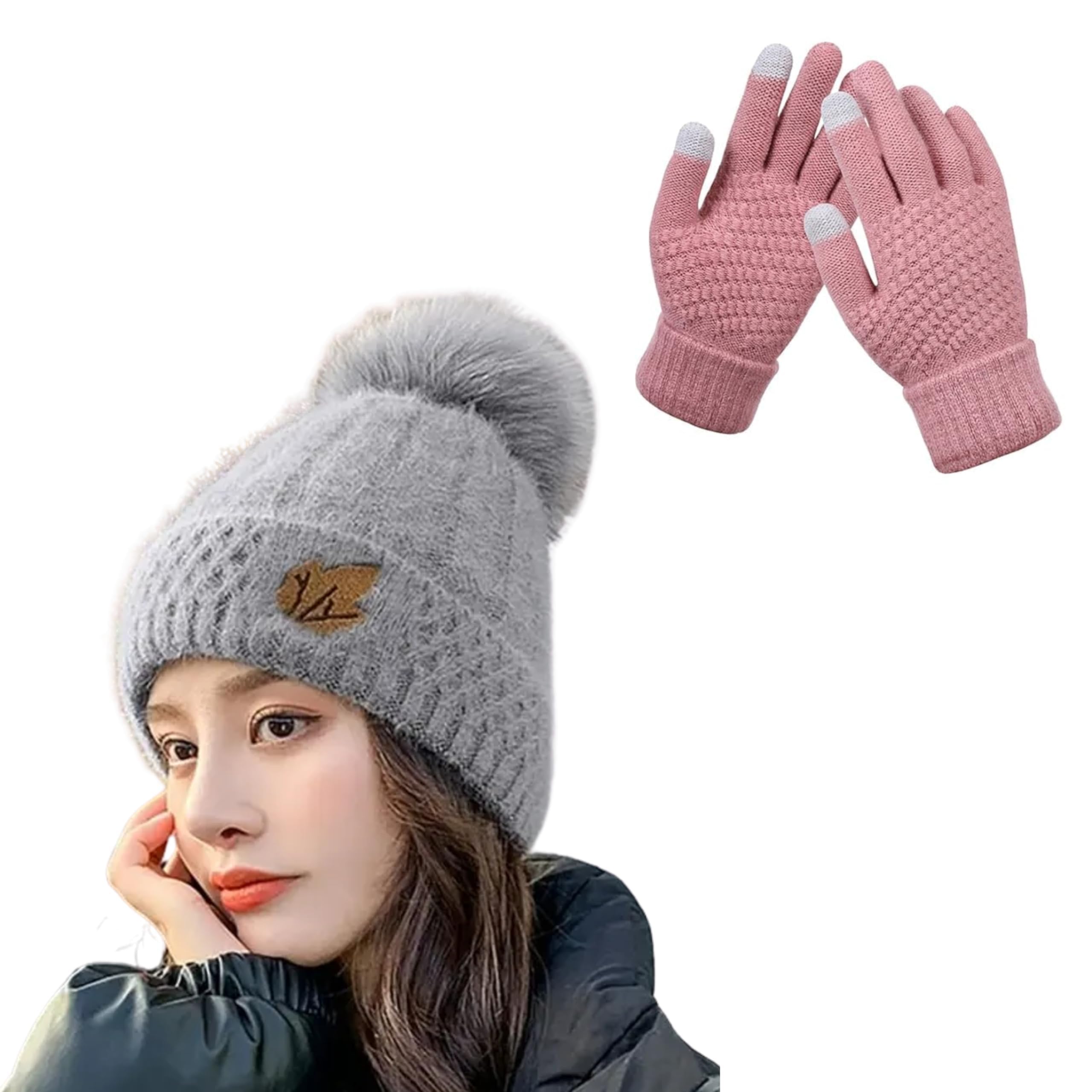 Xlent Winter Beanie for Women, Knit Pom Pom Hat and Warm Glove Set, Stylish Slouchy Thermal Skull Cap for Cold Weather, Soft Fleece Lined Outdoor Headwear, Cozy Grey Gift for Lady-image-49