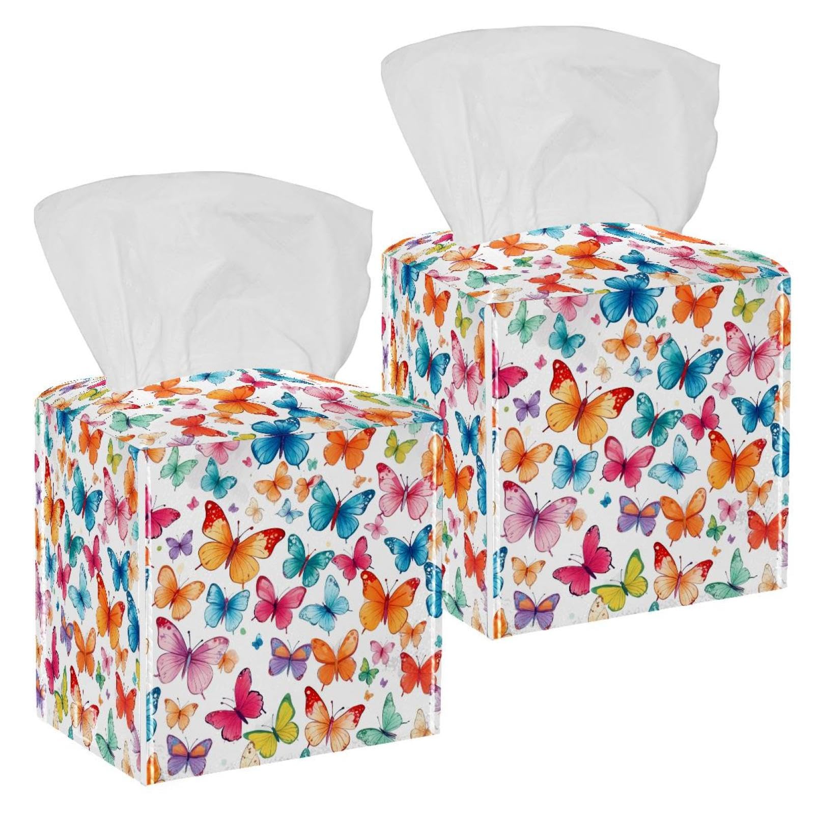 Watercolor Butterfly Tissue Box Cover, 2 Pack PU Leather Square Facial Tissue Dispenser Box holder for Home Office Car