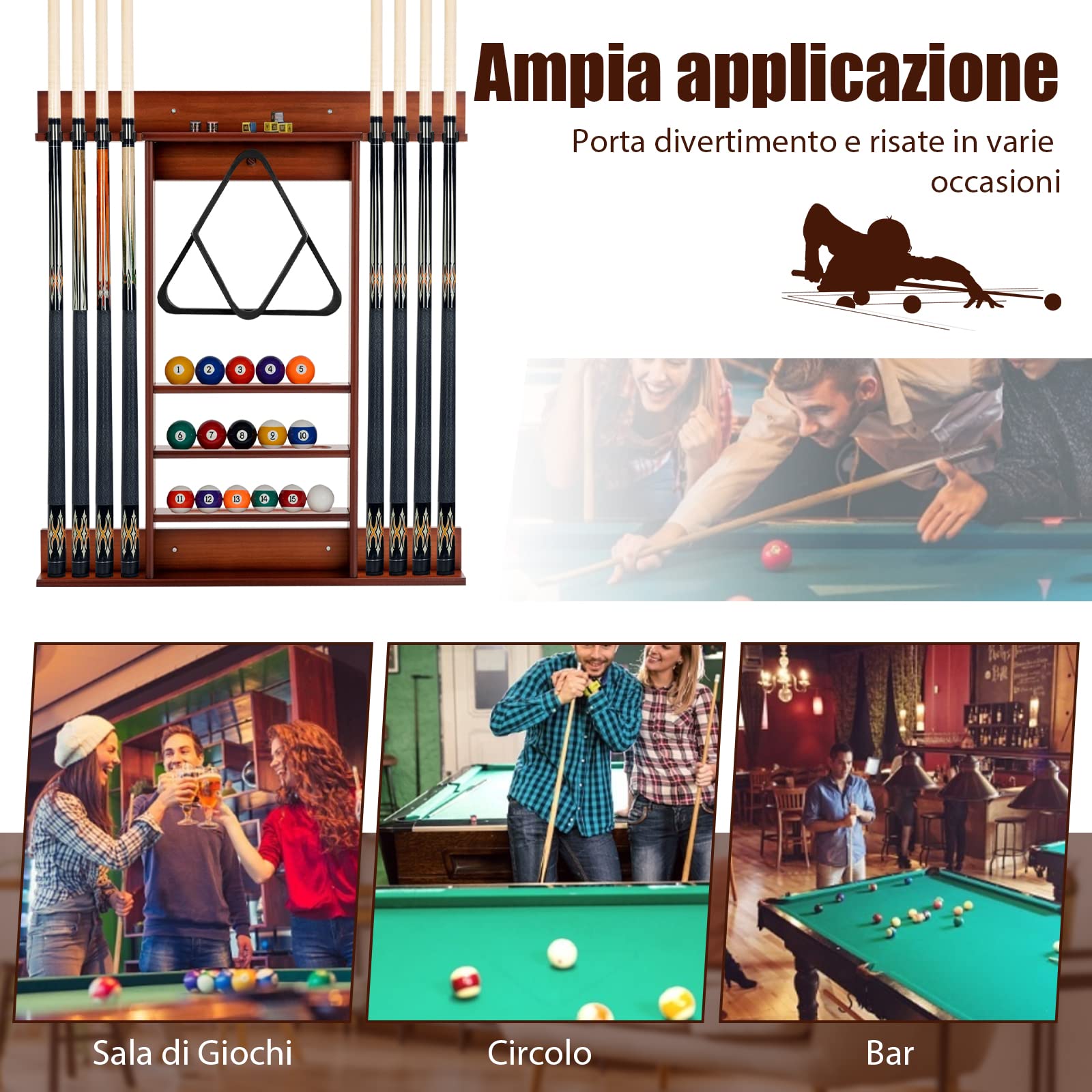 GYMAX Porta Stecche per Biliardo in Legno Massello, Portastecche da Biliardo a Parete, Può Ospitare 8 Stecche, 15 Palle da Biliardo e 1 Portapalle, Autoportante per Bar, Club, 79 x 8 x 91 cm (Marrone)