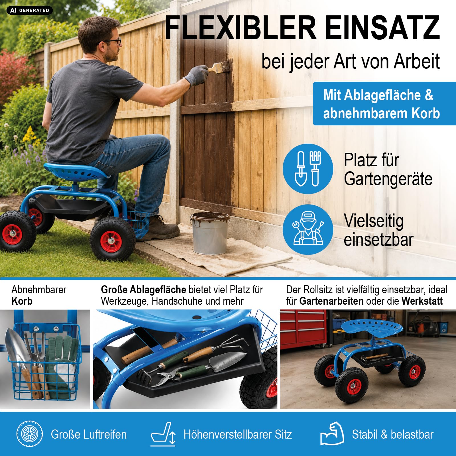 BITUXX Garten Rollhocker Hocker Arbeitshocker Sitzhocker Gartenhocker Gartenarbeit mit Ablage und Korb bis 150kg mit Luftbereifung