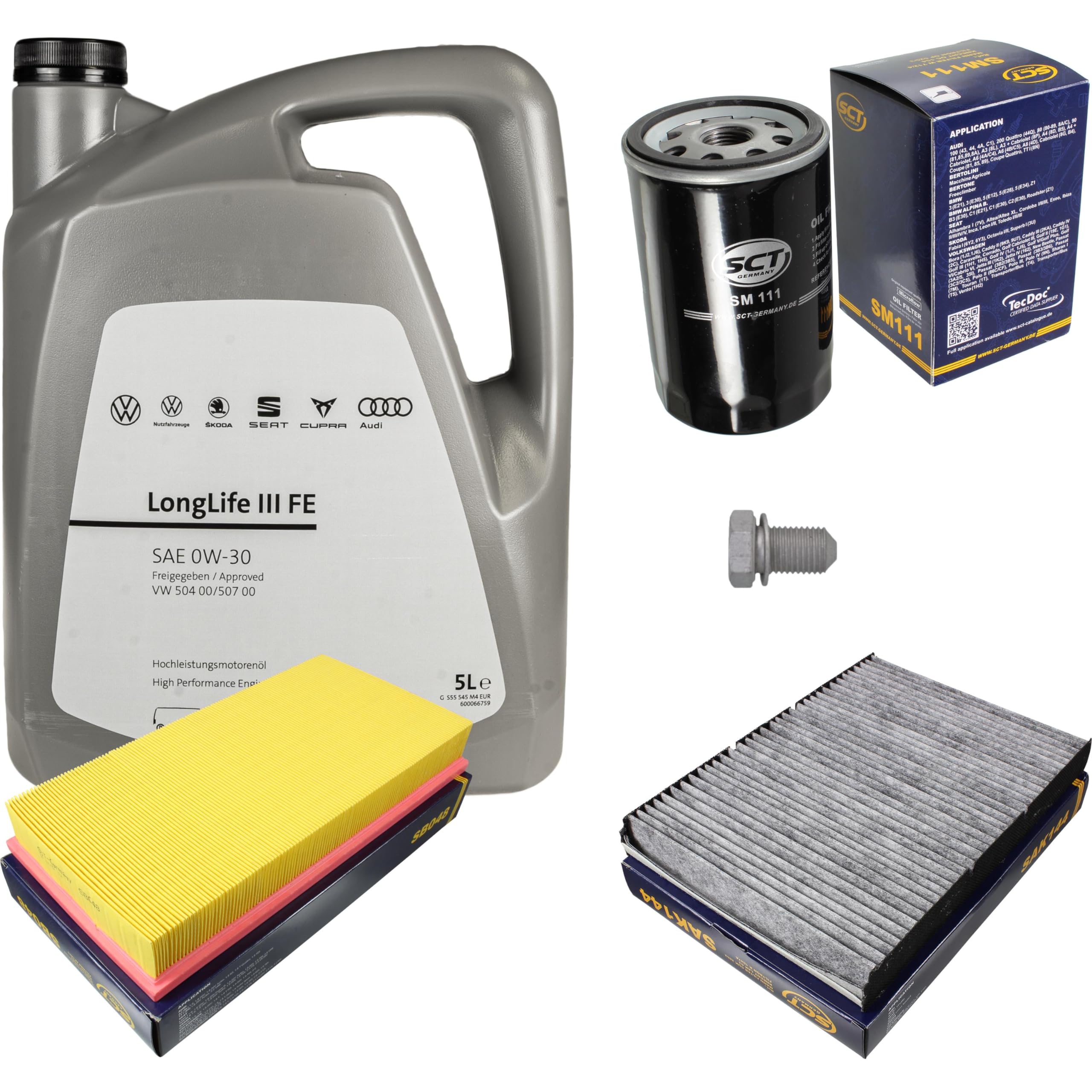 Pacchetto di ispezione pacchetto di manutenzione filtro con 5 l 0W-30 olio motore LongLife 3 FE, filtro dell'olio, filtro dell'aria abitacolo (carbone attivo) vite di scarico dell'olio