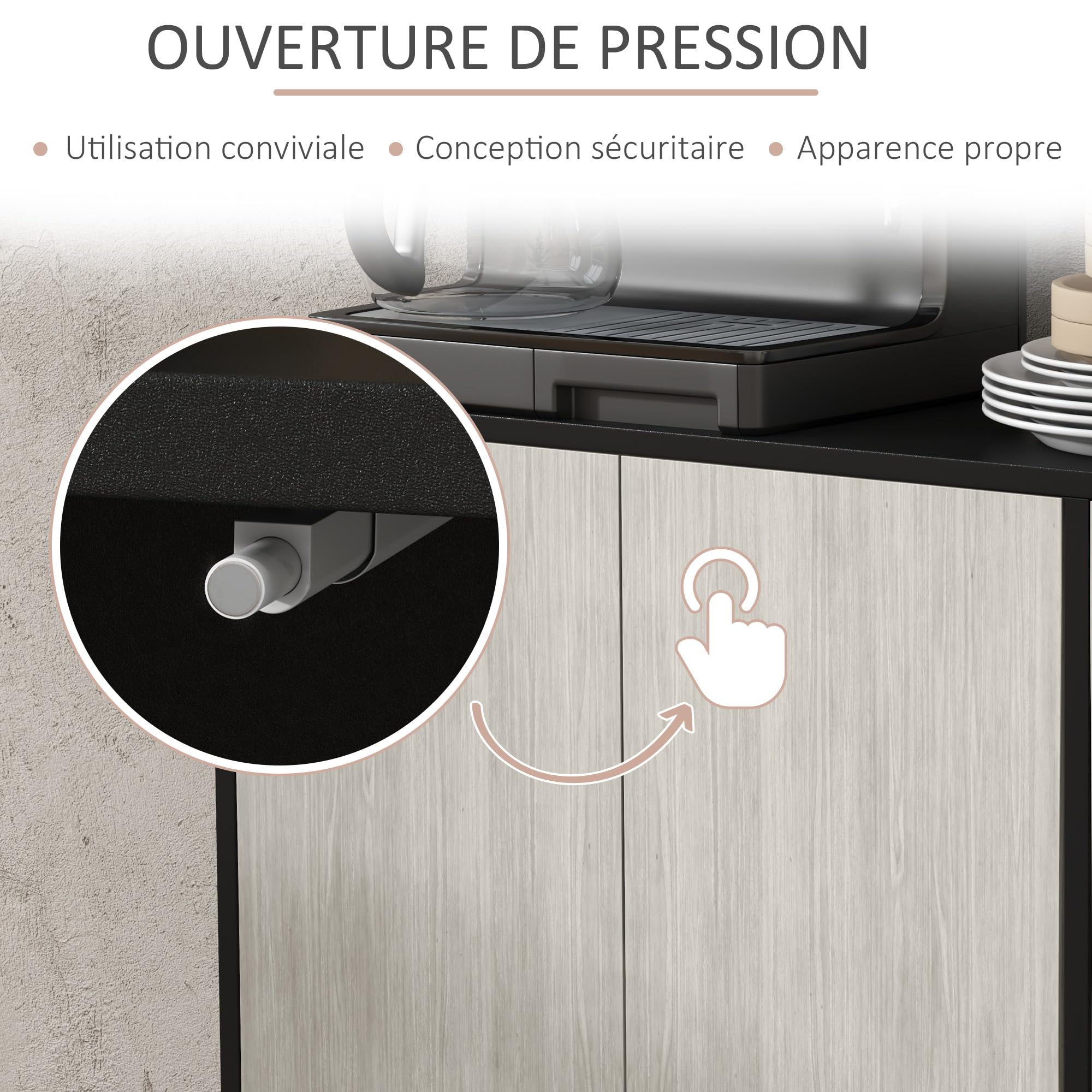 HOMCOM Buffet Cuisine 2 Placards 121x37x75cm Noir et Aspect Bois Gris | Meuble de Rangement, Armoire de Cuisine, Étagères Réglables