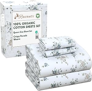 RUVANTI 100% Organic Cotton Sheets Queen Size, Percale Weave, GOTS Certified, 4-Piece Set, Deep Pocket 15