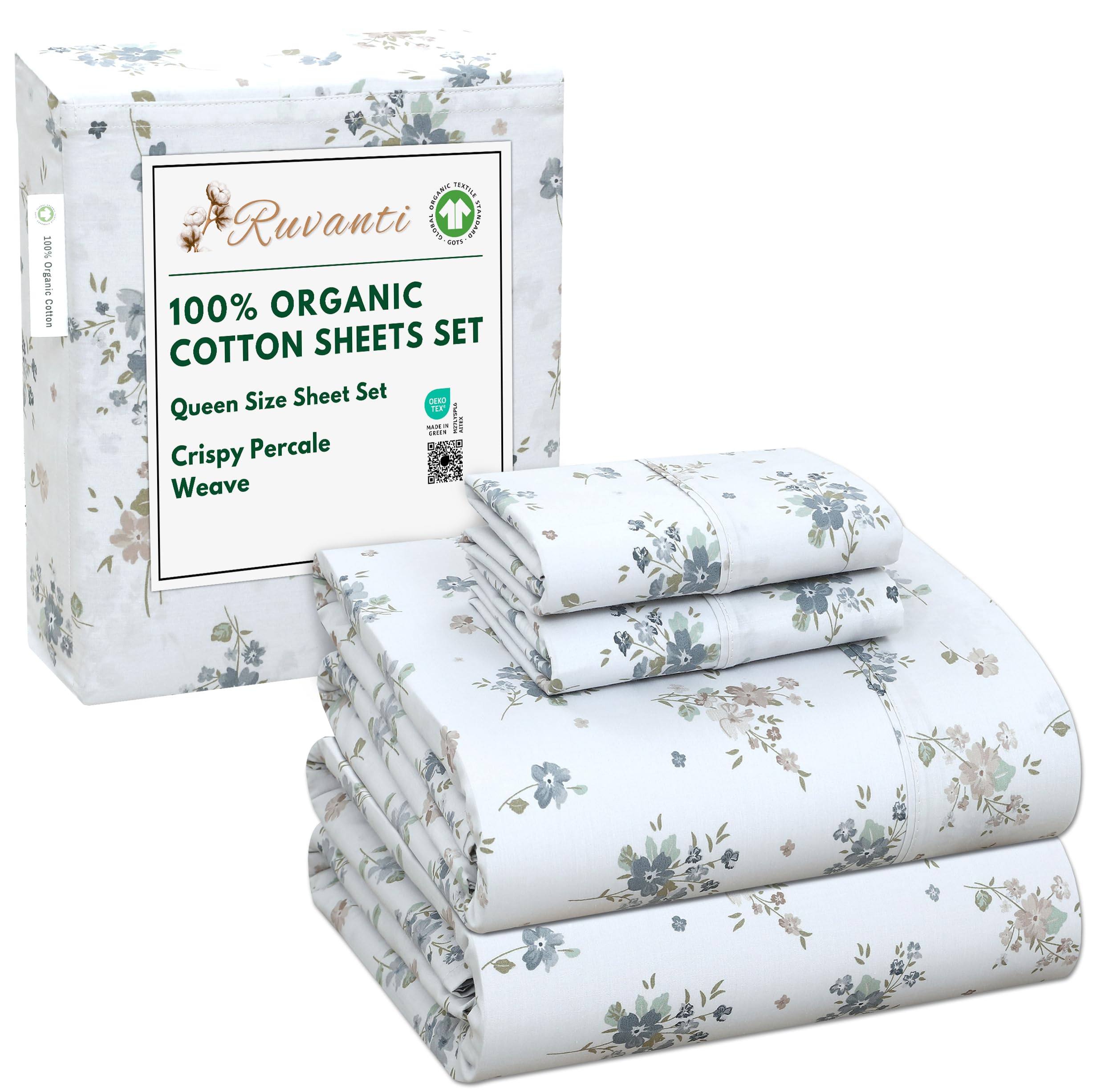 RUVANTI 100% Organic Cotton Sheets Queen Size, Percale Weave, GOTS Certified, 4-Piece Set, Deep Pocket 15", Crisp & Breathable, Soft Durable Bedding, Sábanas Algodón Orgánico – Halcyon