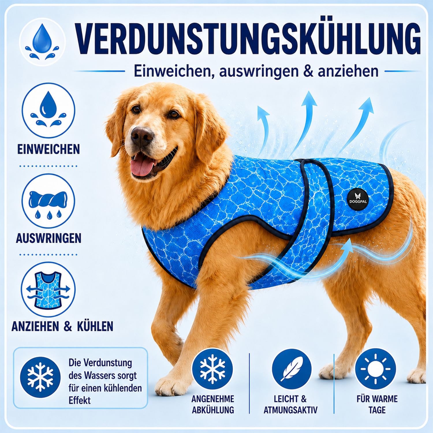 DOGOPAL Kühlweste Hund, Kühljacke für Hunde mit Wasseraktivierung & UV-Sonnenschutz für heiße Tage, Leichte Atmungsaktive Sommer-Hundeweste mit Stehkragen für Gassi & Outdoor (Blau, XL)