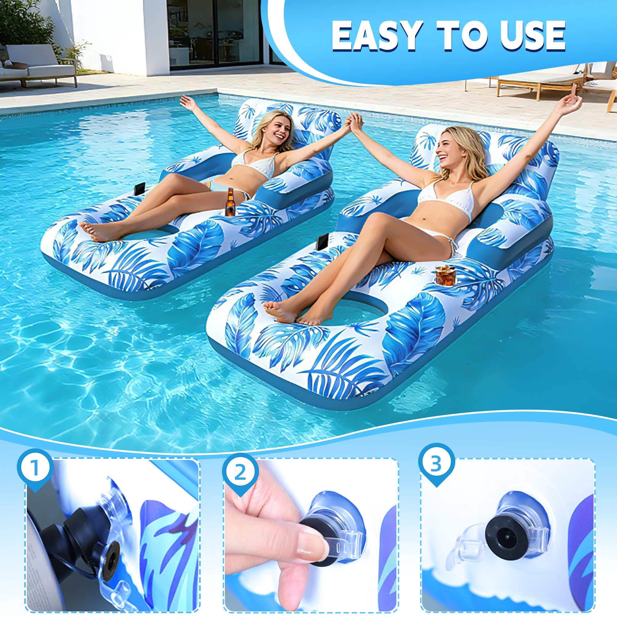 ChlorBlu Colchoneta Piscina Adultos,Flotadores Piscina con Soportes para Vasos y Teléfono,Hinchable para Piscina con Reposacabezas,Respaldo y Reposapiés,Engrosada Sillon Hinchable Piscina de Bronceado