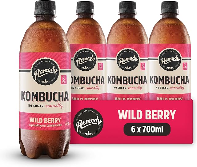 Remedy Kombucha Tea - Wild Berry - Sparkling Live Cultured Drink - Naturally Sugar Free Soft Drink - Prime Probiotic Drink for Gut Health - 6 x 700ml