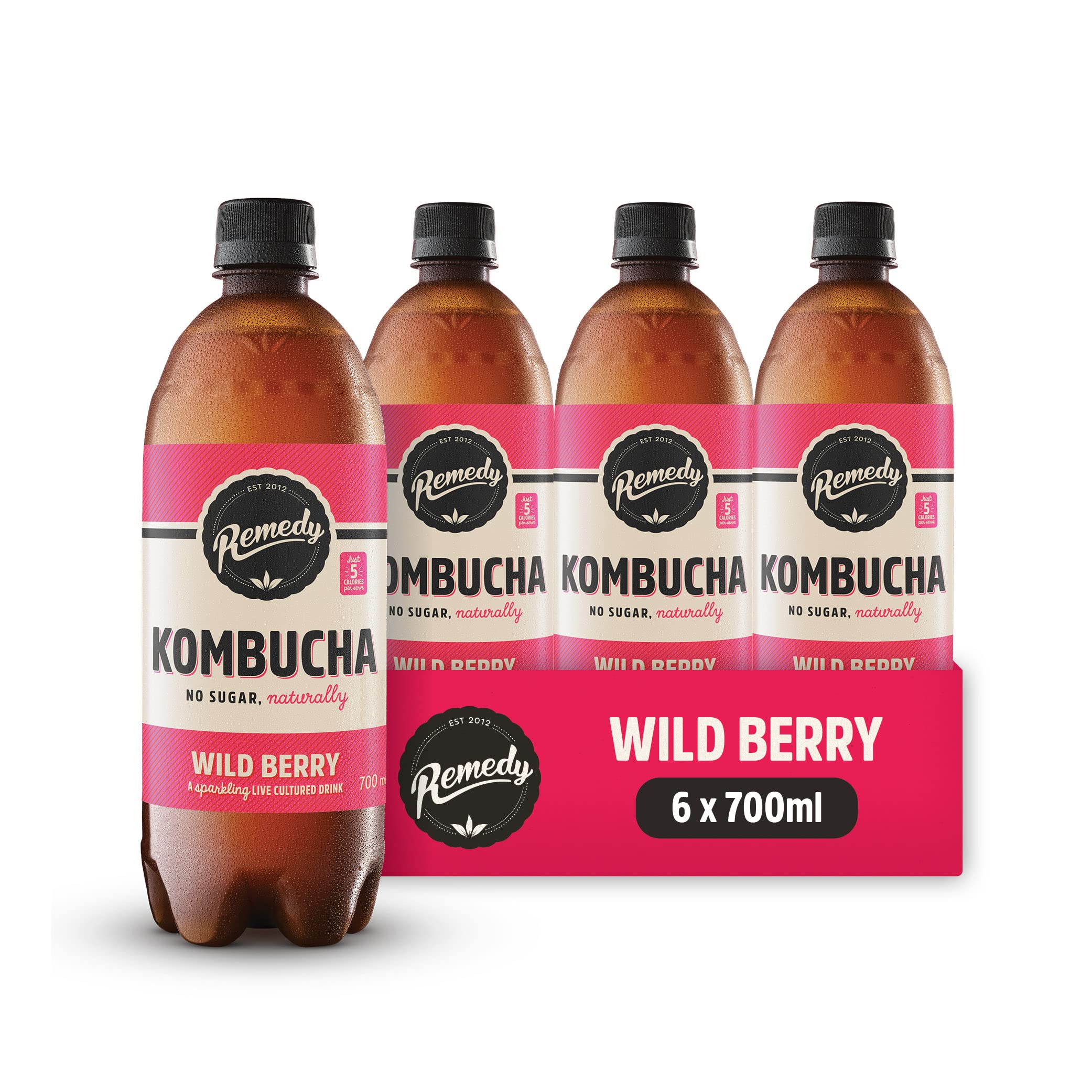 Remedy Kombucha Tea - Wild Berry - Sparkling Live Cultured, Naturally Sugar Free Soft Drink - Probiotic for Gut Health - 6 x 700ml