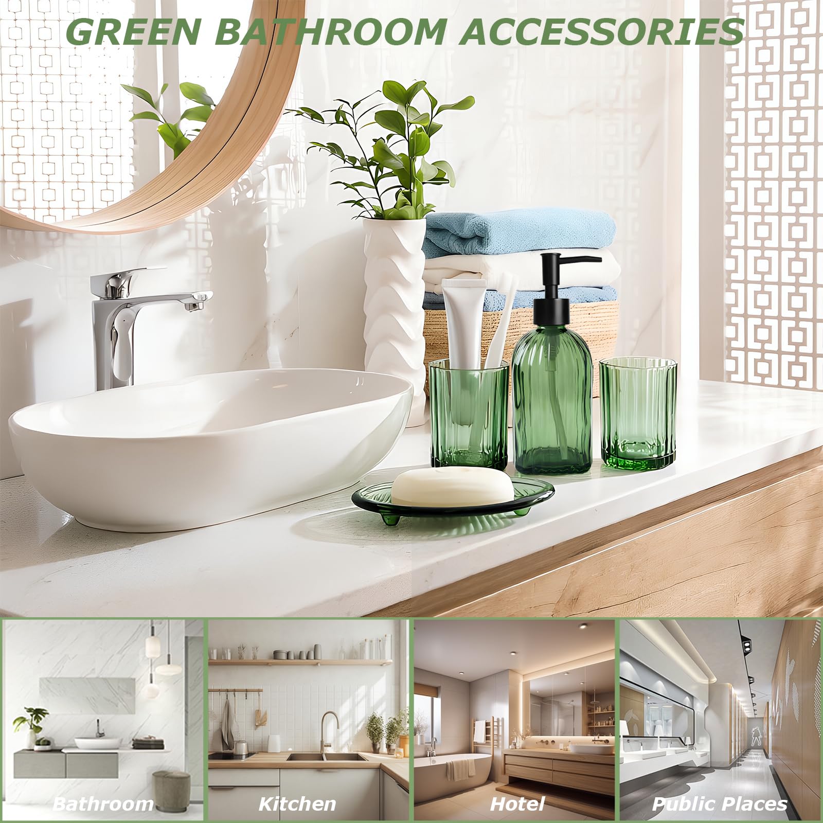 Lot de 4 accessoires de salle de bain modernes – Distributeur de savon, porte-savon, gobelet et porte-brosse à dents, distributeur de savon en verre pour salle de bain, évier, coiffeuse (vert)
