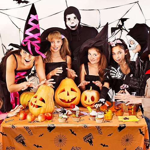 Miniatura 5 de ELECLAND 4 manteles de Halloween naranja de 54 x 108 pulgadas, mantel rectangular de plástico de fantasma, para interiores y exteriores, fiesta de