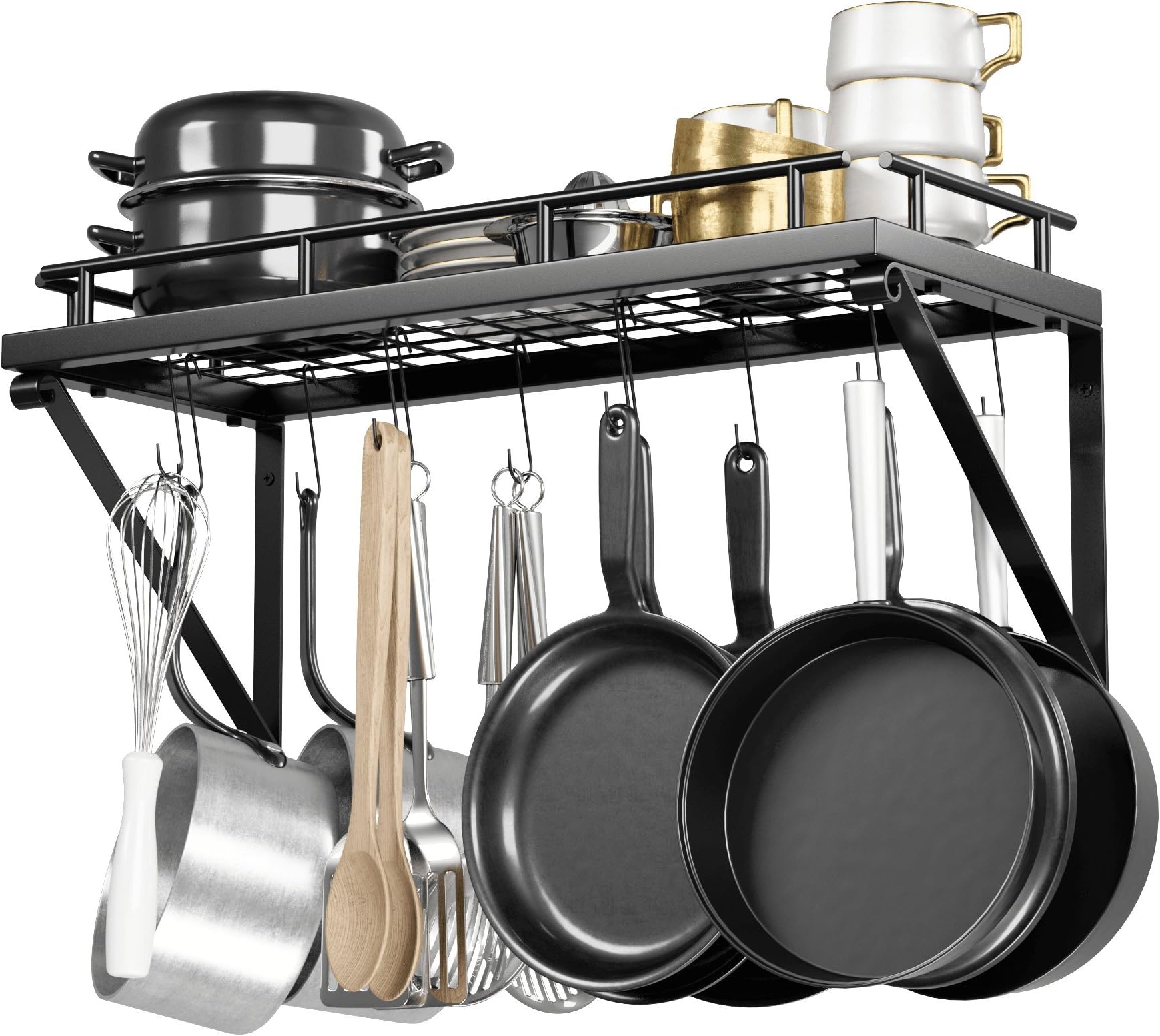 Pot Rack Organizer with Upgraded Hardware, Support Brackets & Welds, Wall Hanging Pot and Pan Organizer, 12 Hooks Included, Easy to Install, Kitchen Organization Solution for Heavy Pots and Pans