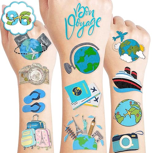 Tatuajes temporales de viaje, Bon Voyage, suministros de fiesta de cumpleaños, recuerdos, decoraciones de aventura espera viajes por el mundo, súper