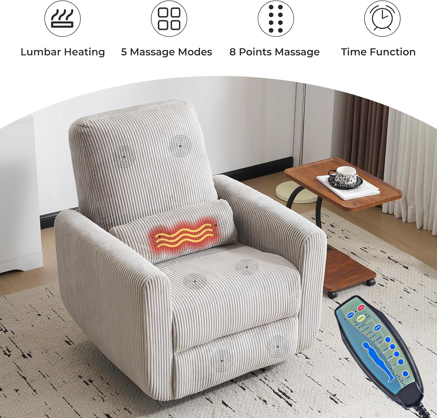Recliner chair with massage points highlighted and remote control