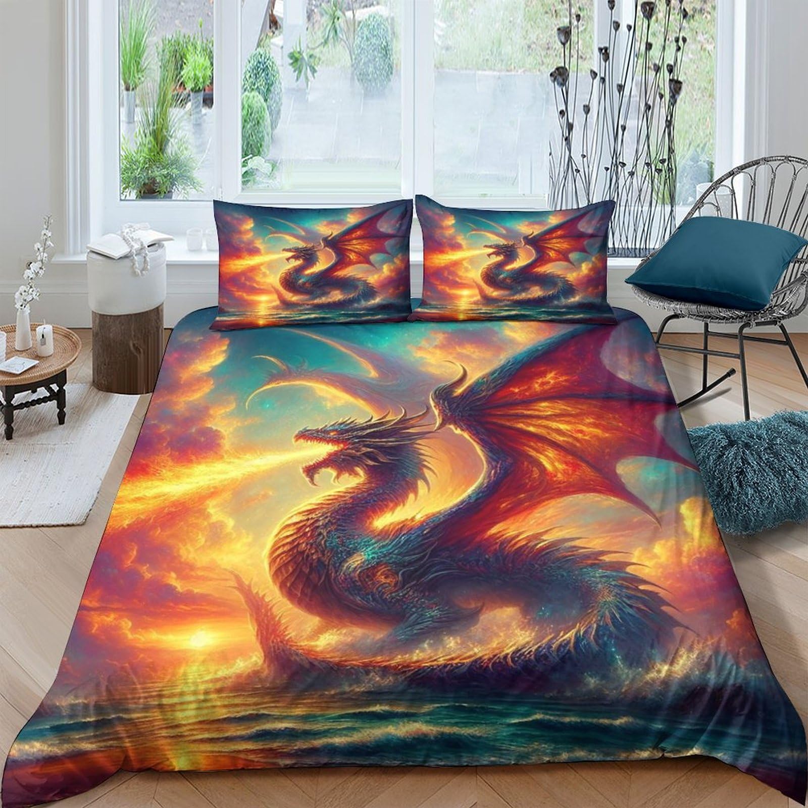 Tnfhsoft Flying Dragon-11 Flying Dragon Duvet Cover Set 3D Print Flame Dragon Comforter Cover Bedding Quilt Cover Set Soft Microfiber Apply To Kids Teens 3-Piece With Zipper Closure Winter Soft Room Decor Double（200X200cm）