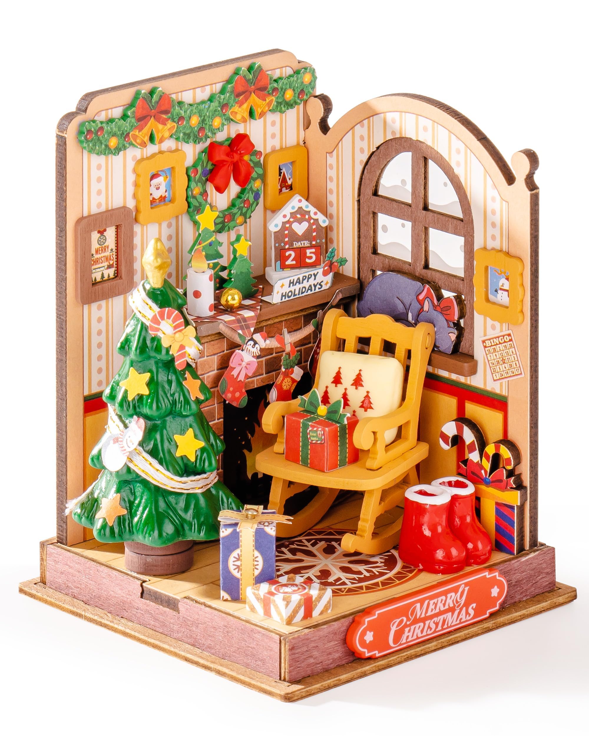 ROWOOD Christmas Fireplace Doll House Kit, DIY Miniature Room, Wooden Model Miniature Building Kit, Creative Birthday Gift for Adults
