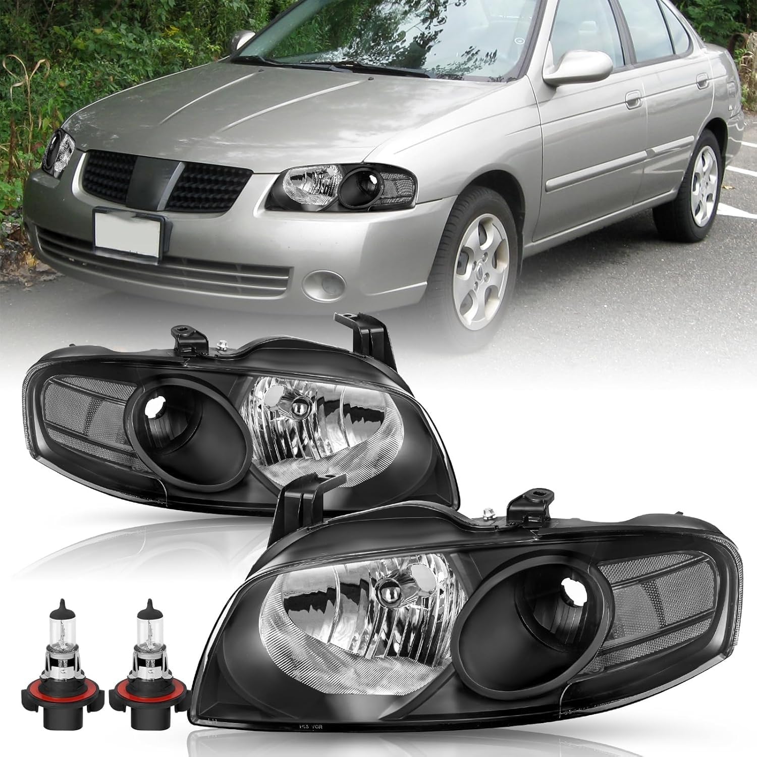 TUSDAR Fit for 2004 2005 2006 Nissan Sentra Headlight Assembly Pair Passenger Driver Side Chrome Housing with Amber Reflector