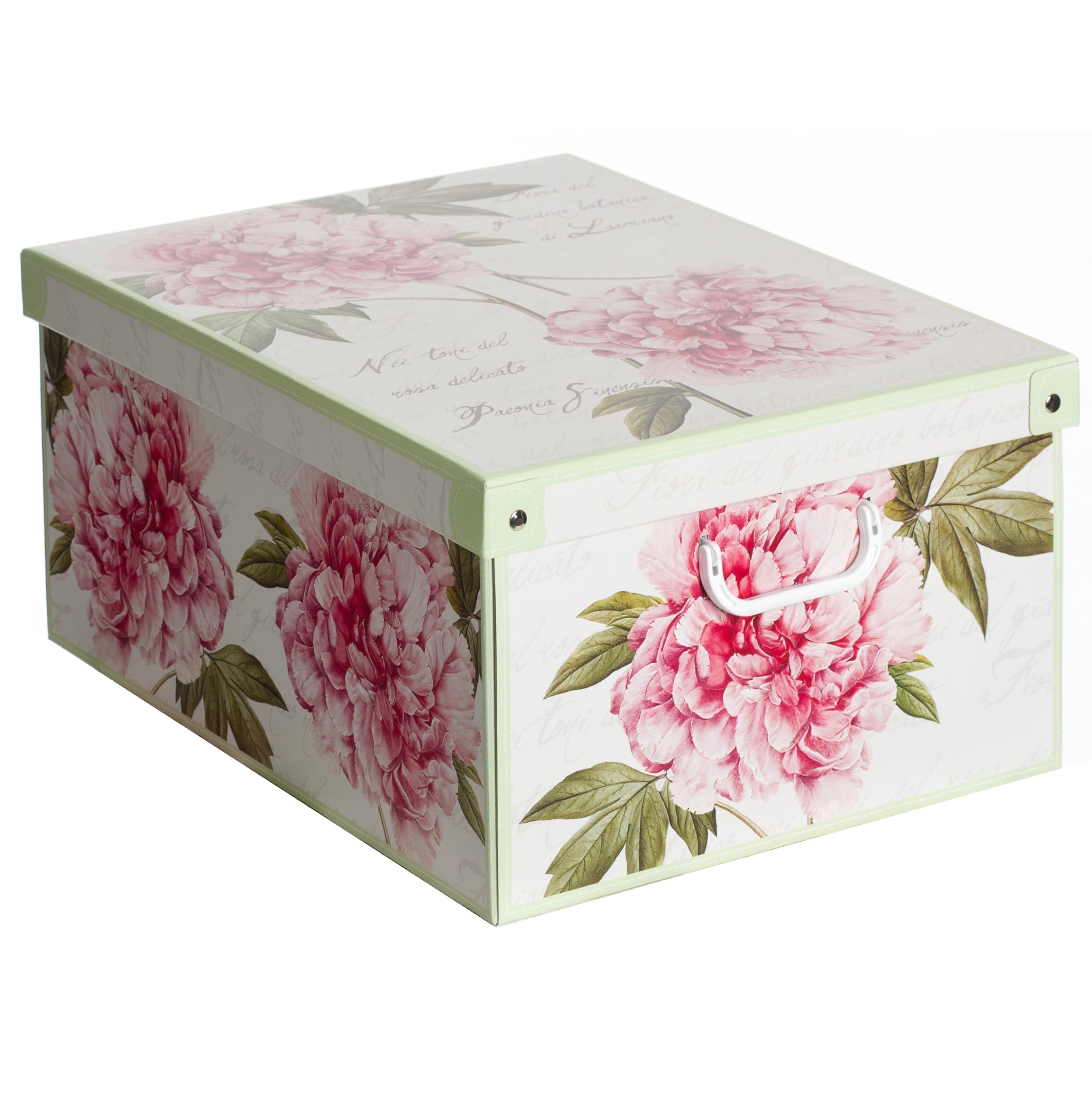 Set aus 6 Aufbewahrungsboxen mit Deckel – Große Kleiderboxen aus Karton 39x50x24 cm – Robust, leicht zu montieren, mit Tragegriffen – Perfekt für Kleiderschrank & Saisonwechsel Pfingstrosen