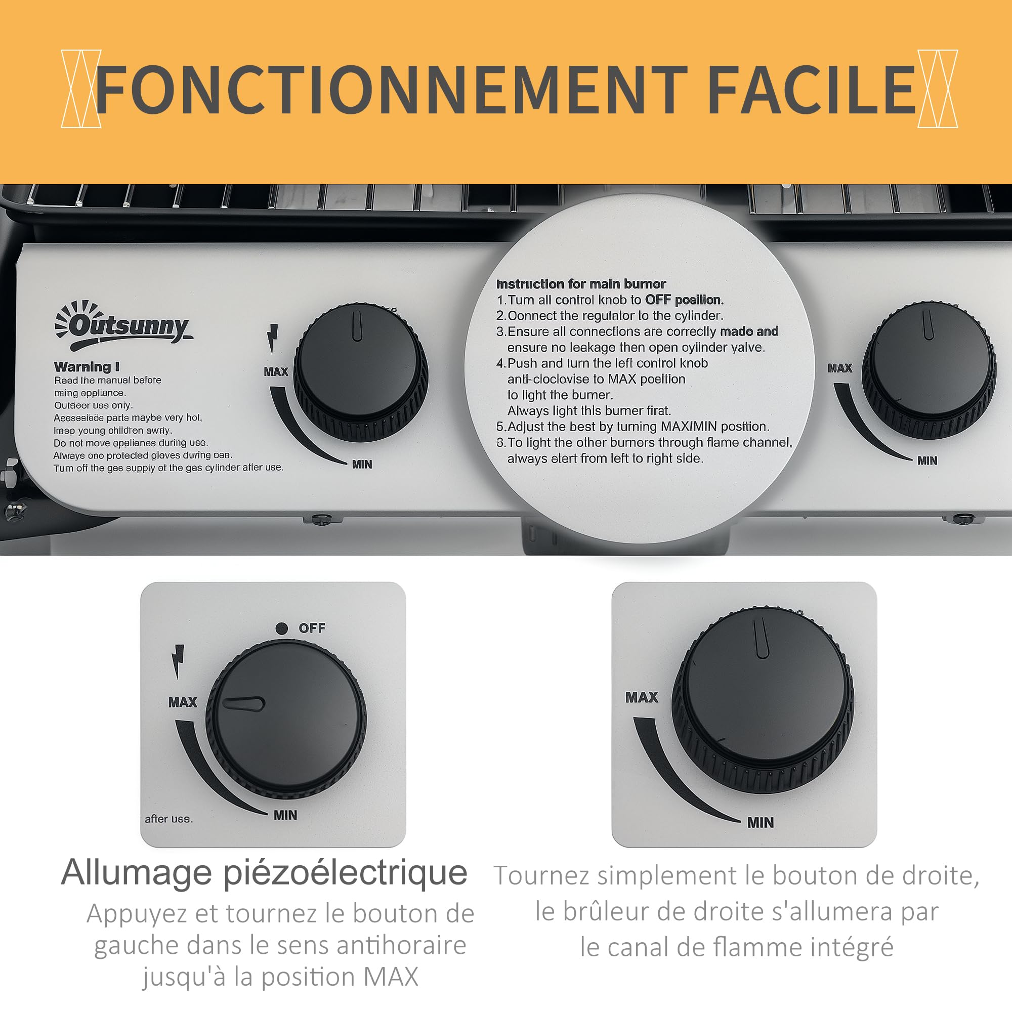 Outsunny Barbecue Gaz 2 Brûleurs en Acier Inoxydable, Puissance 2,8 kW, Barbecue de Jardin, 2 Grilles en Chromé, 2 Étagères Latérales, 2 Roues, pour Camping, Balcon et Terrasse, Noir