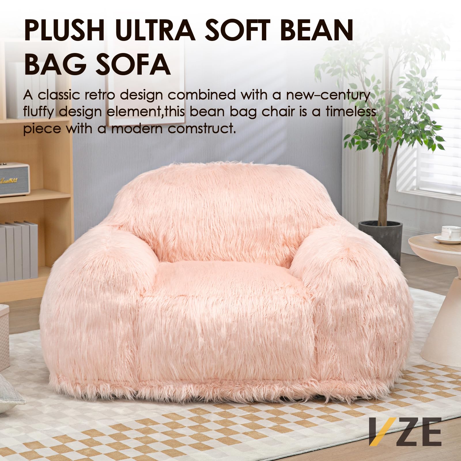 VZE Comfortable Bedroom Chair - Stylish Bean Bag Chairs for Adults and Kids with Filler Included(Pink)