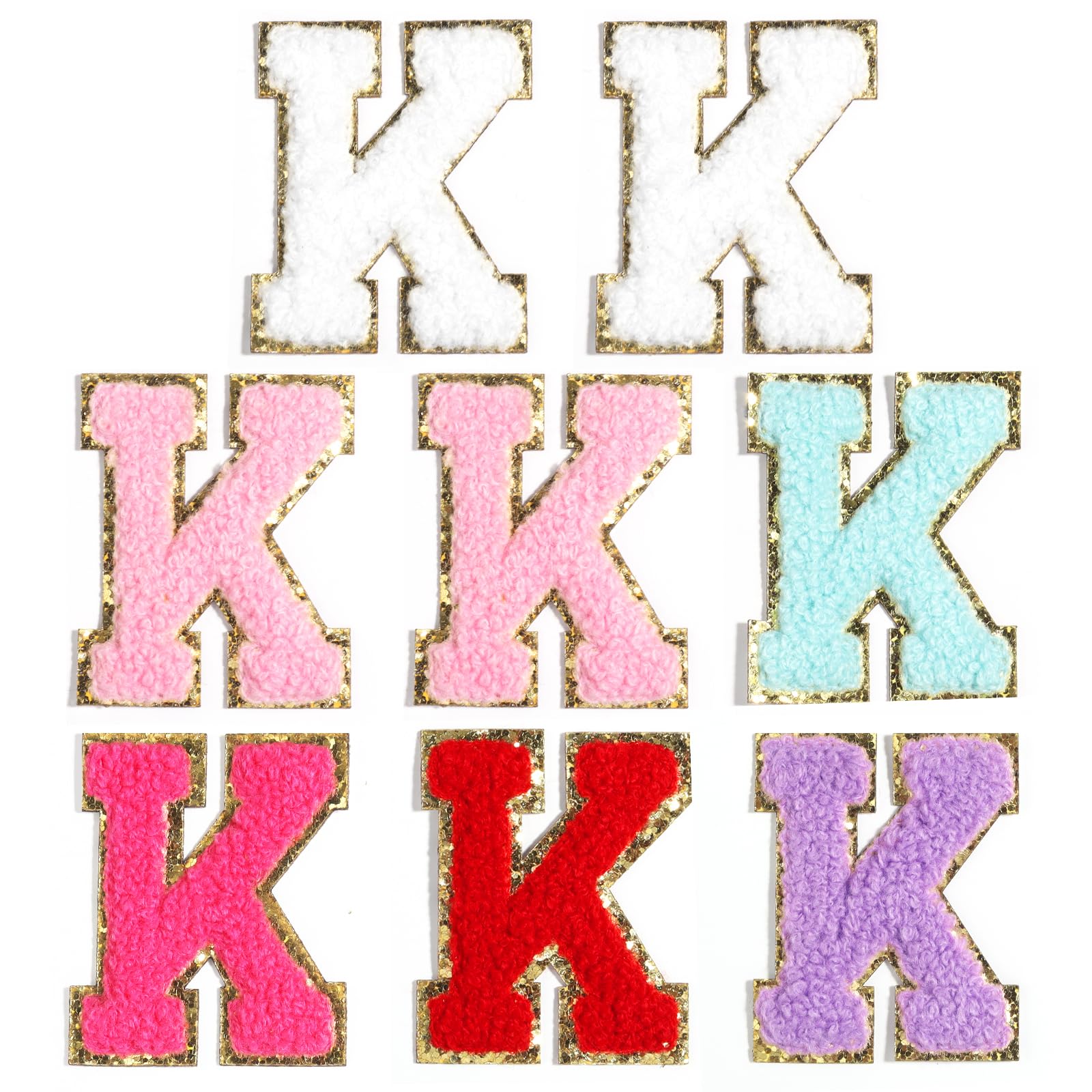 8 Pcs Self Adhesive Chenille Letter Patches 2.16 inch Glitter Varsity Preppy Letter Patches Stick for Clothes Jeans Hats Laptop Phone Case Fridge Repairing and DIY Decorating Accessories,Mixed Color K