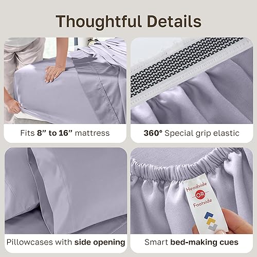 Miniatura 4 de California Design Den Juego de sábanas de lujo tamaño King, 800 hilos, sábanas 100% algodón, satén suave, con bolsillos profundos, color lavanda