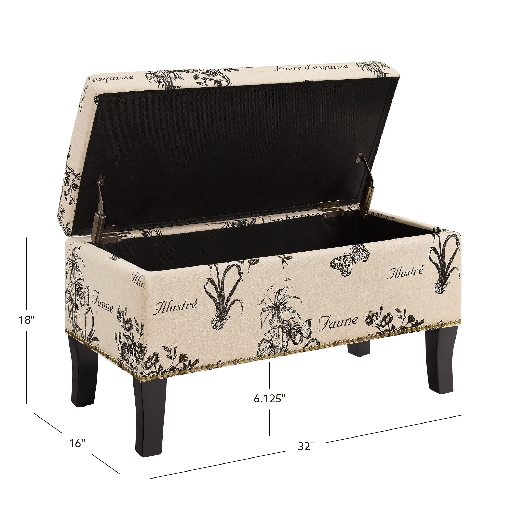 Linon 40454BOT01U Jackie Botanical Linen Otomana, color negro