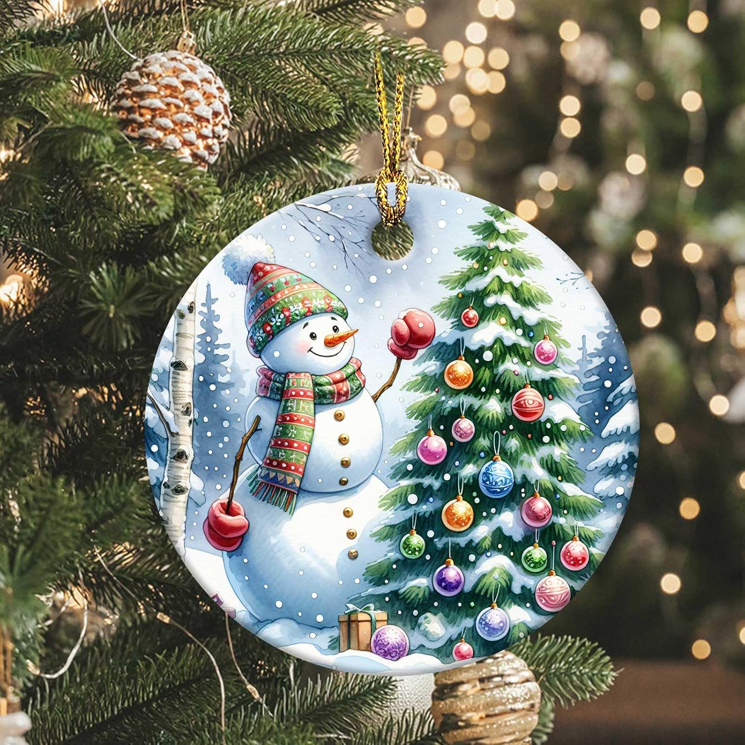 Snowman Ornaments Snow Pine Round Ceramic Ornament Christmas Keepsake Decor for Christmas Tree Winter Holiday Xmas Gift for Women Men Hanging Ornament 3"