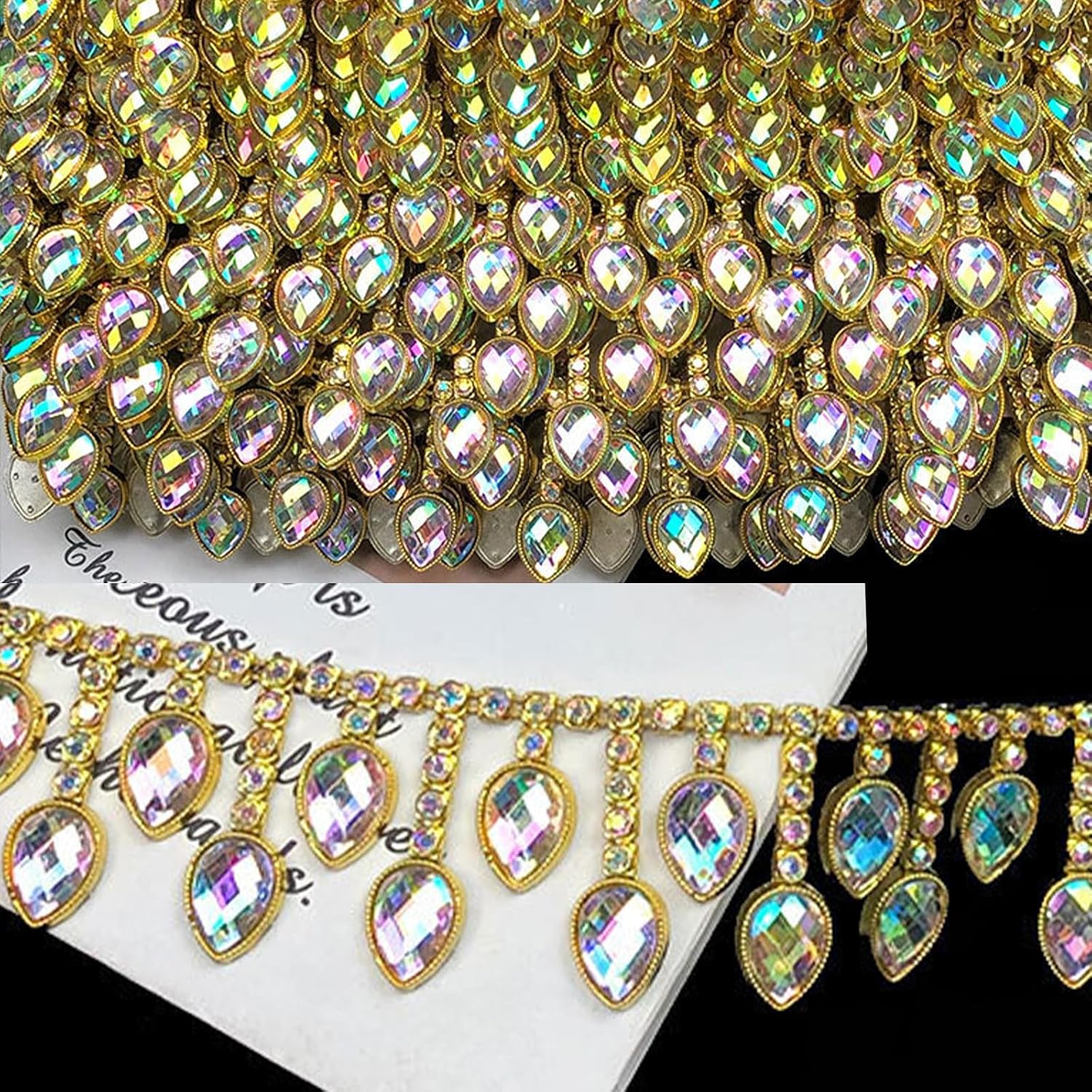 5 Yards 37mm Gold AB Color Rhinestone Trim Lace Ribbon Gold Silver Water Drop Chain for Bridal Embellishments for Wedding Sewing Crafts DIY Decoration A09 (Gold)
