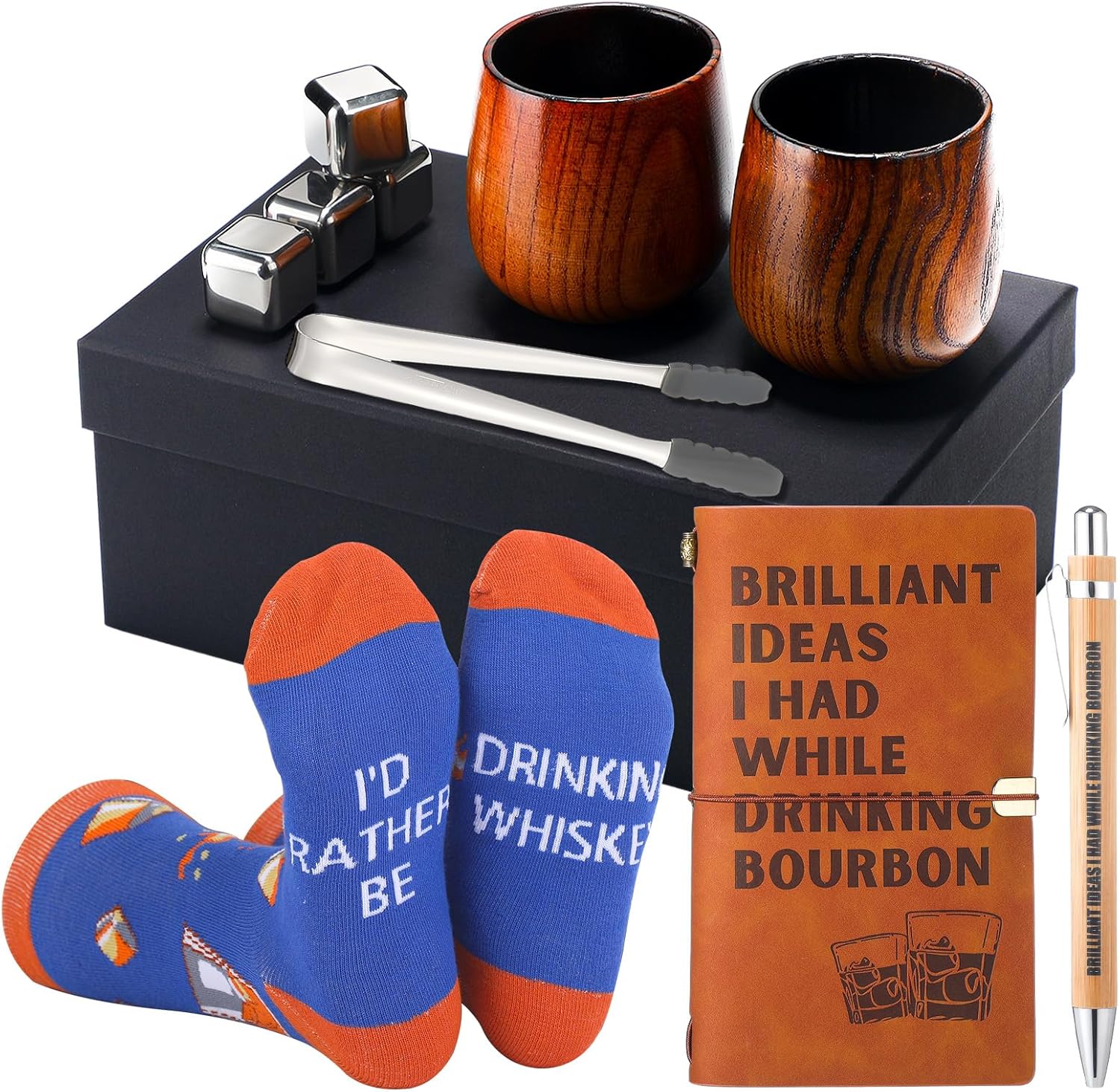 12 Pcs Bourbon Whiskey Gifts for Men Include Charred Wooden Bourbon Drinking Glass with Cooling Rock, Leather Journal Notebook and Pen, Socks with Gift Box for Christmas Whiskey Drinker Lover