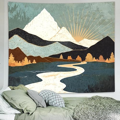 Miniatura 2 de Delur Tapiz bohemio de montaña, puesta de sol, naturaleza, bosque, árbol, paisaje, tapiz para colgar en la pared, cabecera psicodélica abstracta
