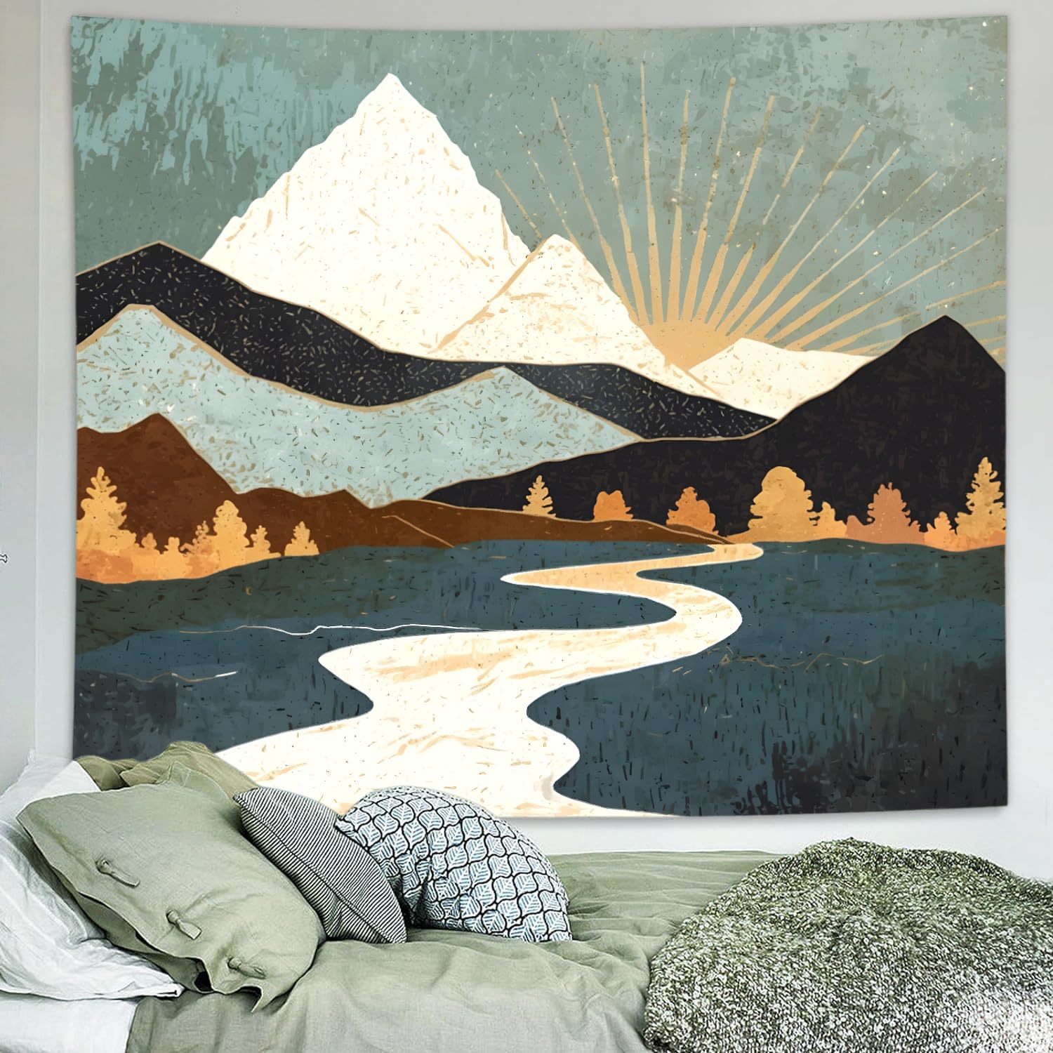 Delur Boho Mountain Tapestry Sunset Nature Forest Tree Landscape Wall Hanging Tapestry Sunrise Abstract Psychedelic Headboard for Bedroom Living Room Home Decor (51.2