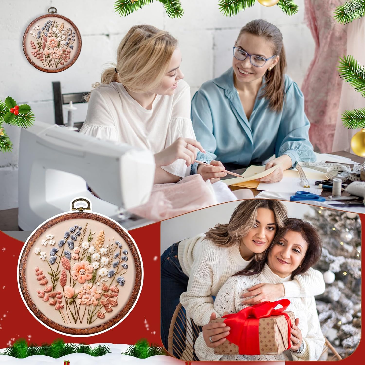 Burbell 6 Pcs Embroidery Hoop 6 Size, Round Cross Stitch Hoop with 16 Needles Circle Hoops Display Cross Stitch Ornament Imitated Wood Frame Kits 3 to 10 Inch for Christmas Craft Sewing DIY Gift