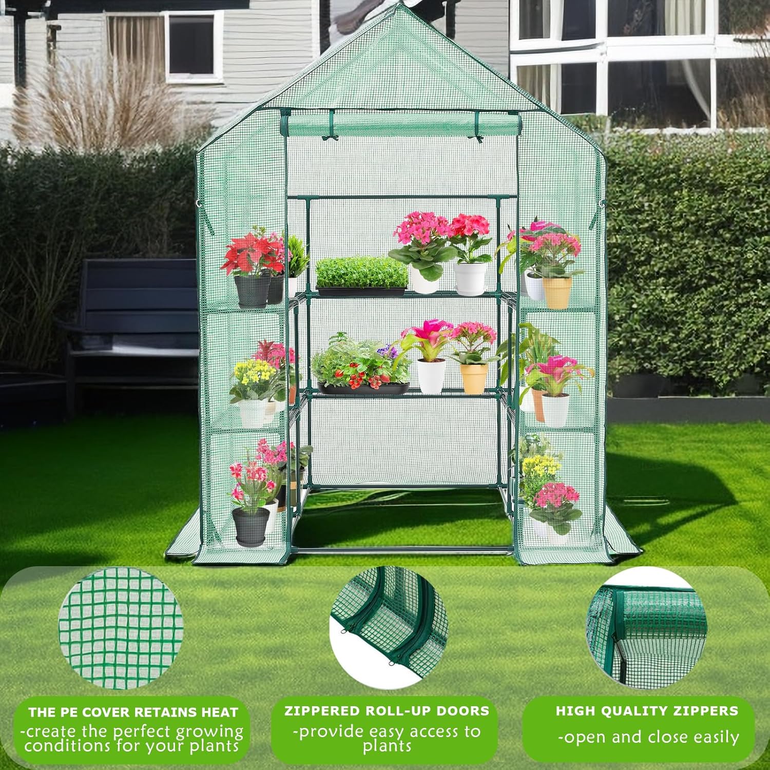 Walk-in Greenhouse for Outdoors, Thickened PE Cover & Heavy Duty Powder-Coated Steel, Mesh Door & Screen Windows, 14 Sturdy Shelves 4.7x4.7x6.4 FT, (GHW002G)