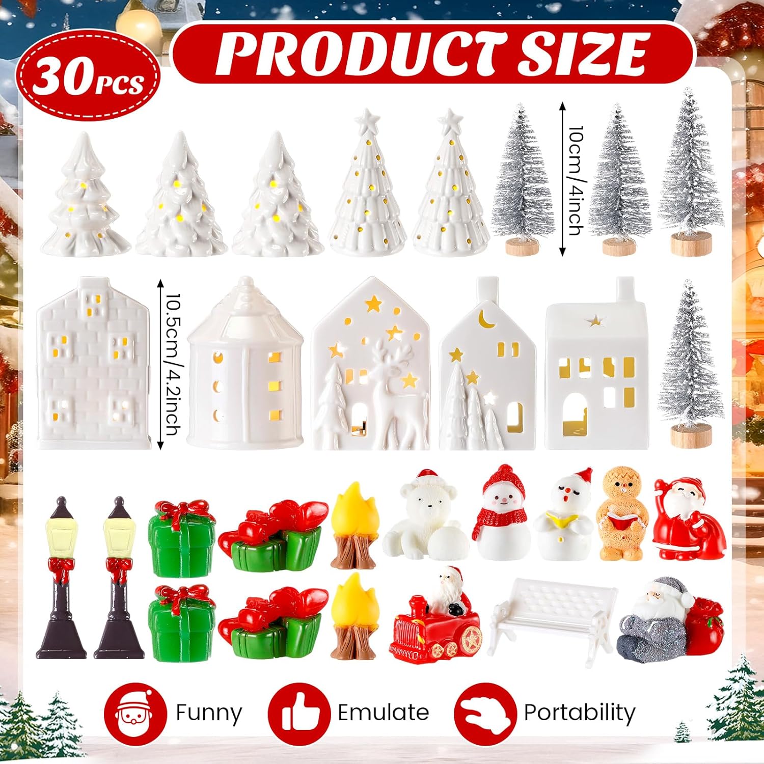 Barydat 30 Pcs White Christmas Village Set Mini Figurines 5 LED Lighted Ceramic Houses 5 Porcelain Xmas Tree 12 Xmas Tree Santa Accessories Christmas Village Collection Kit for Table Decoration - Image 2