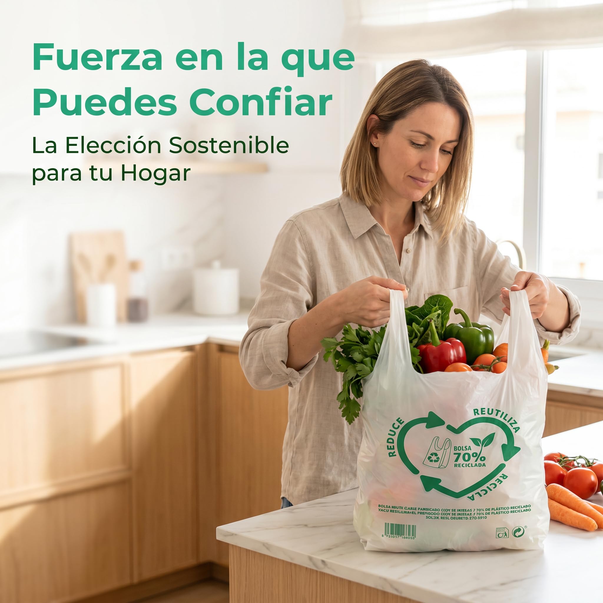 Bolsas de Plástico Asa Camiseta Blanco 50x60 cm 100 Unidades Reutilizables Resistentes 50 Micras 70% Reciclado Aptas Alimentación