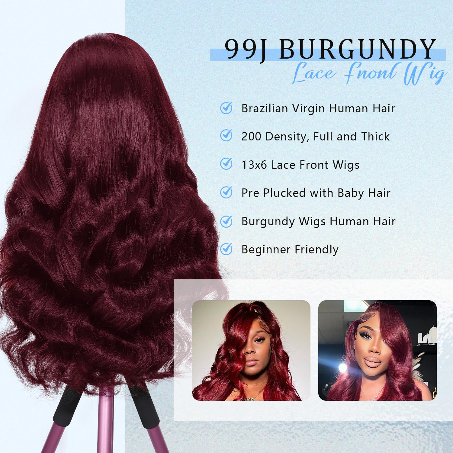 Afribye 13x6 Burgundy Body Wave Lace Front Wigs Human Hair Pre Plucked 200% Density 99j Burgundy Wig Human Hair HD Lace Front Wig Glueless Red Wigs for Black Women Human Hair Bleached Knots 30 inch