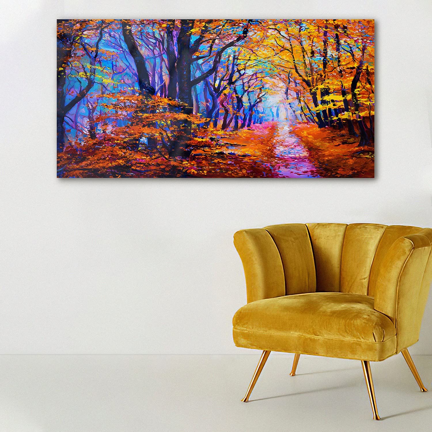 Coloray Pintura acrílica Cuadro De Pared 140x70cm Vidrio Acrílico Arte Sala De Estar Mural - Árboles del bosque de otoño