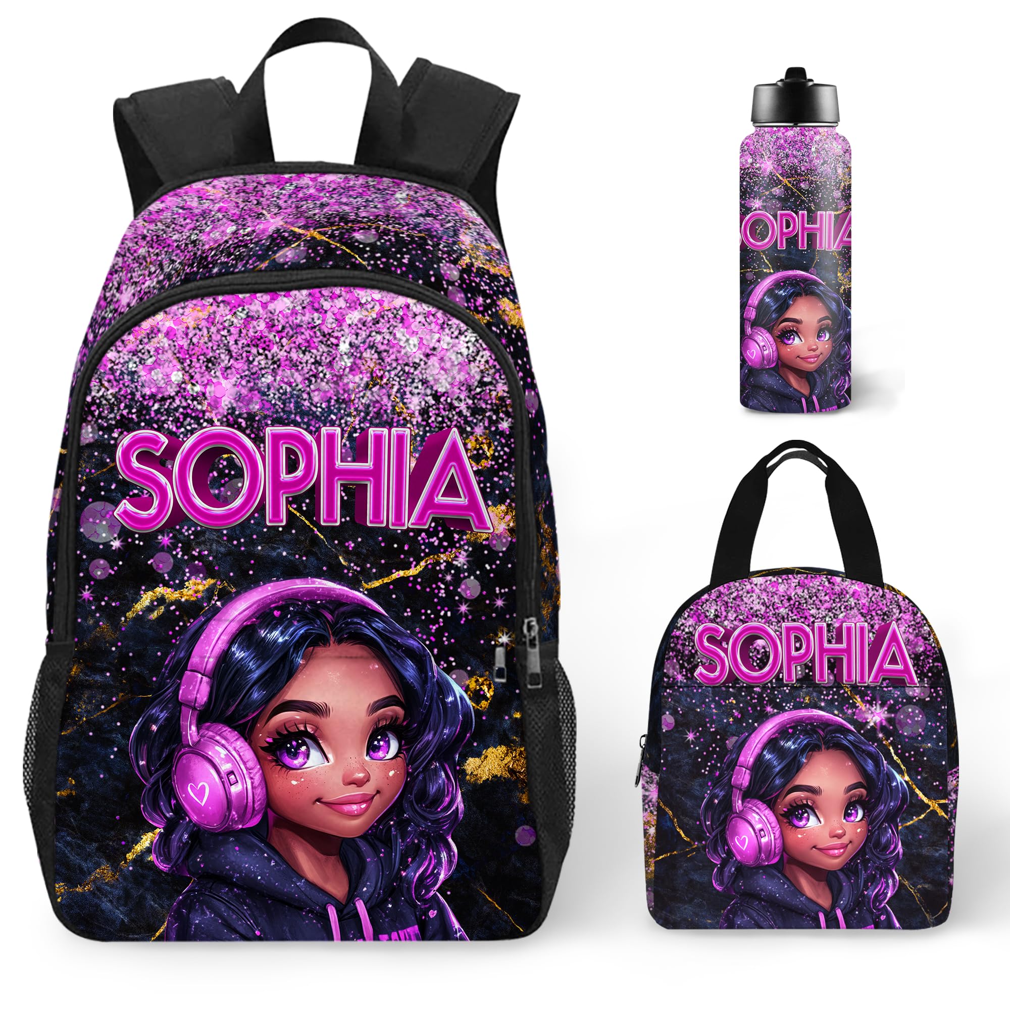 Purgmipth Custom Kids Backpack with Name for Boys Girls, Back to School 18" School Bag Sets with Lunch Bag Water Bottle
