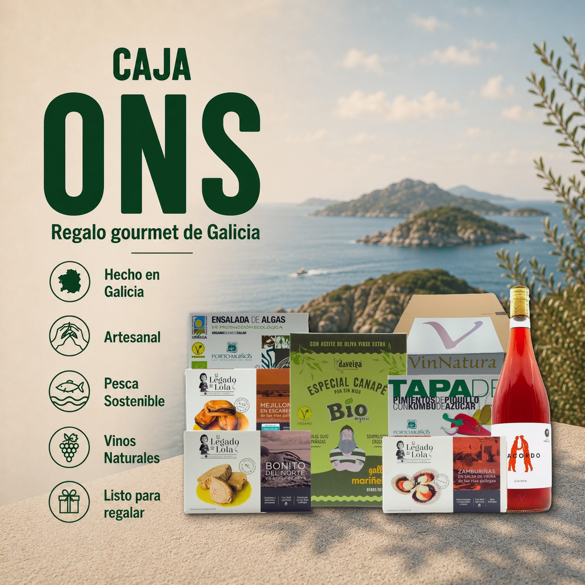 Caja Regalo Ons de VinNatura con Conservas Gourmet y Vino Rosado Natural | Regalo gourmet gallego, regalos de empresa, cesta con vino, elaboración tradicional, tarjeta personalizable