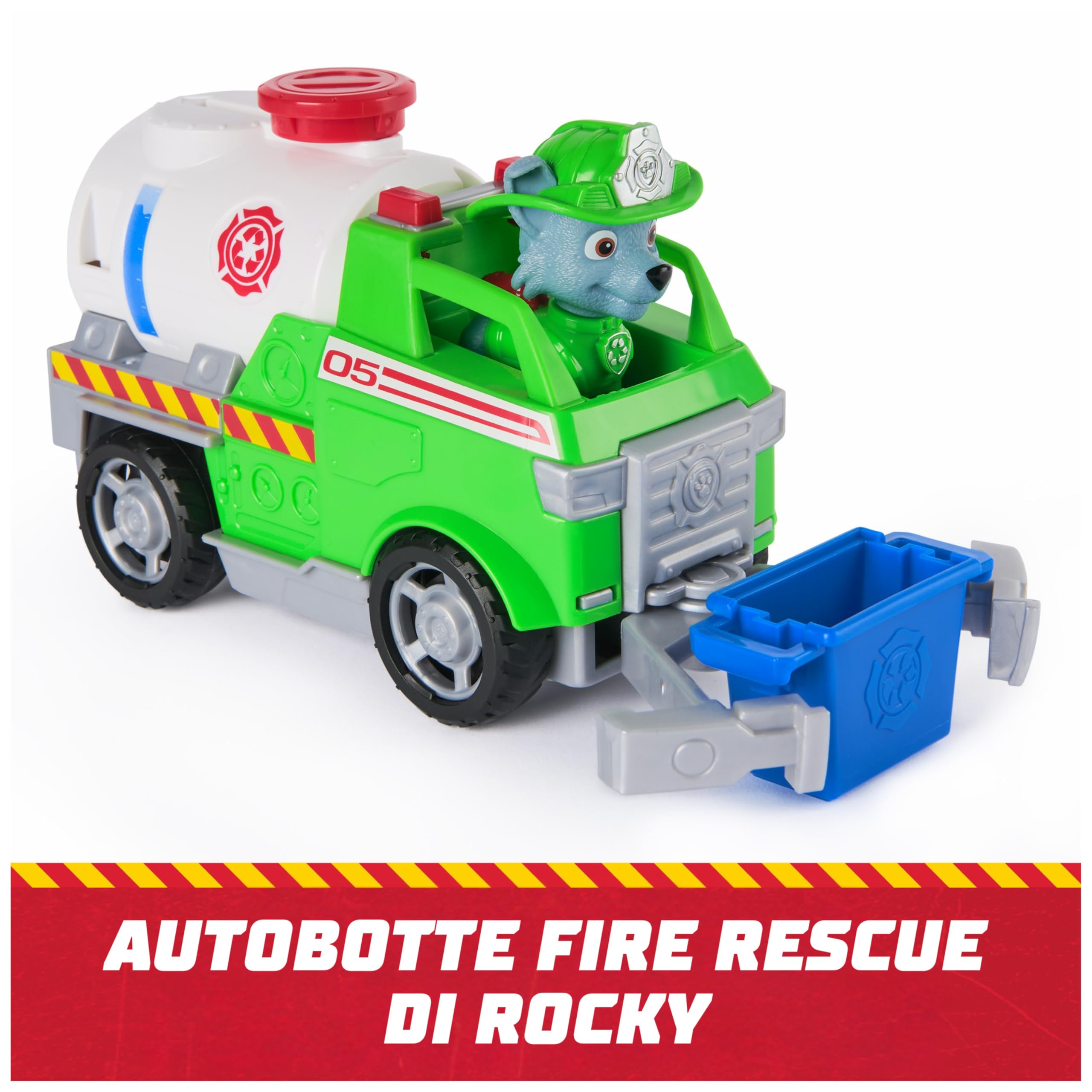 Paw Patrol Fire Rescue: Autocisterna Antincendio di Rocky con Personaggio, Tenaglia e Camion Giocattolo, Giocattoli per Bambini e Bambine, 3+ Anni