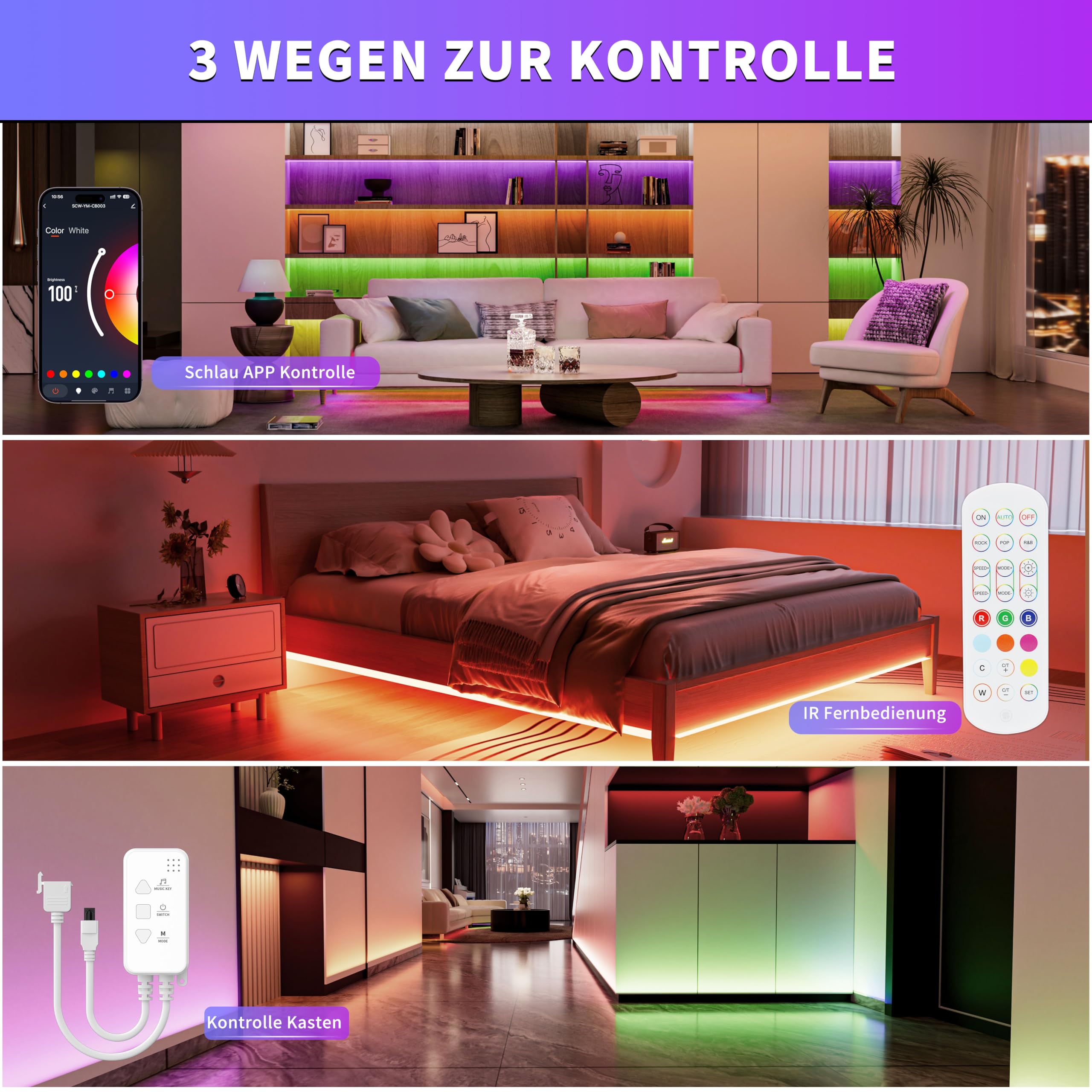 OULARA RGB COB LED Streifen 10M,24V Dimmbar LED Strip RGB Farbe Wechsel,Flexibles RGB LED Band Funktioniert mit Alexa/Google Assistant/Tuya für Küche,Schlafzimmer,Party DIY Dekoration