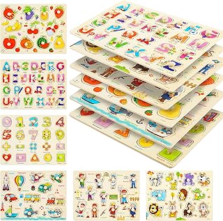 Wooden Peg Puzzles for Toddlers, 6 Pack Toddler Puzzles Set for 2 3 4 5 Years Old, Preschool Education Learning Puzzle Toys for Girls and Boys (Alphabet Number Animal Vehicle Fruit Occupation)