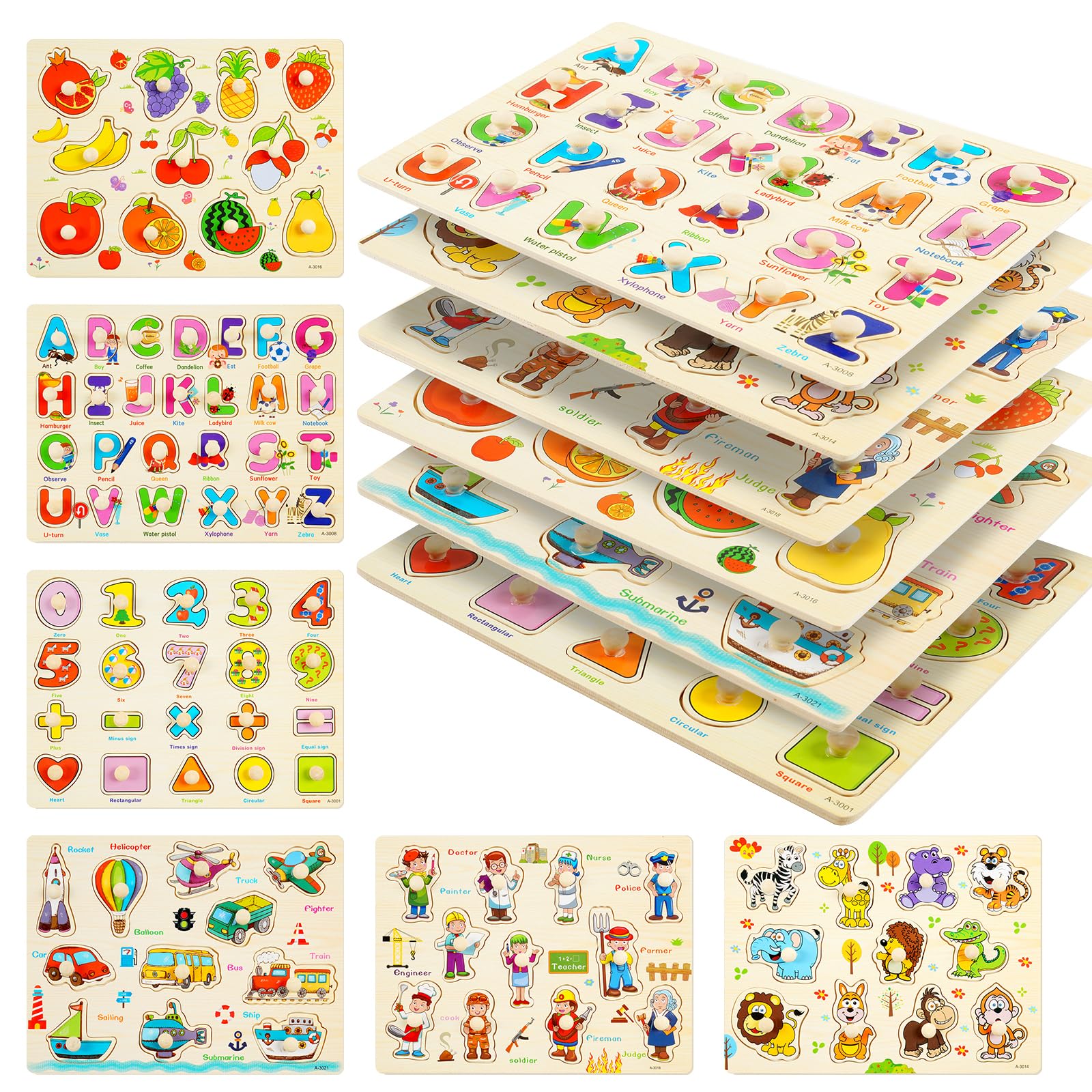 Wooden Peg Puzzles for Toddlers, 6 Pack Toddler Puzzles Set for 2 3 4 5 Years Old, Preschool Education Learning Puzzle Toys for Girls and Boys (Alphabet Number Animal Vehicle Fruit Occupation)