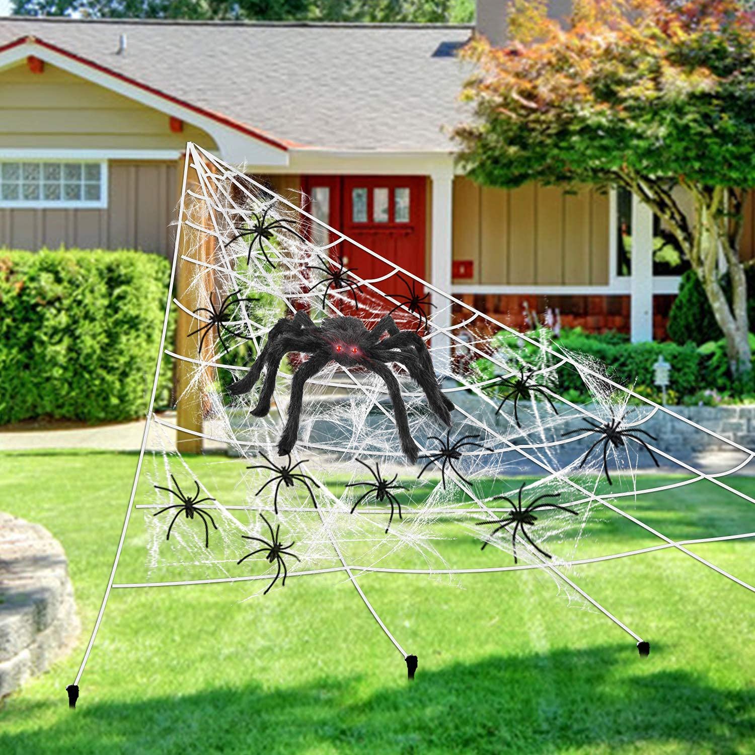 Klmeiday Halloween Decorations Outdoor 7M Triangular Spider Web+150CM Giant Spiders+20pcs Little Spiders, Fake Scary Hairy Spider Props for Outside Halloween Yard Party Haunted House Decor