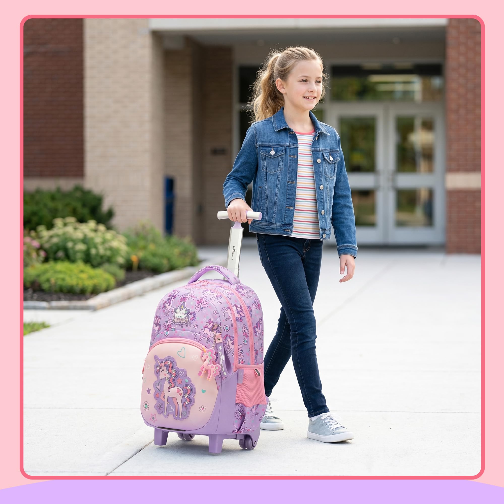 HTgroce 3-Teiliges Schulranzen mit Rollen Mädchen Einhorn, Ergonomisch Schulranzen Trolley inkl. Lunchtasche & Federmäppchen Grundschule Schultasche für Schule & Reisen