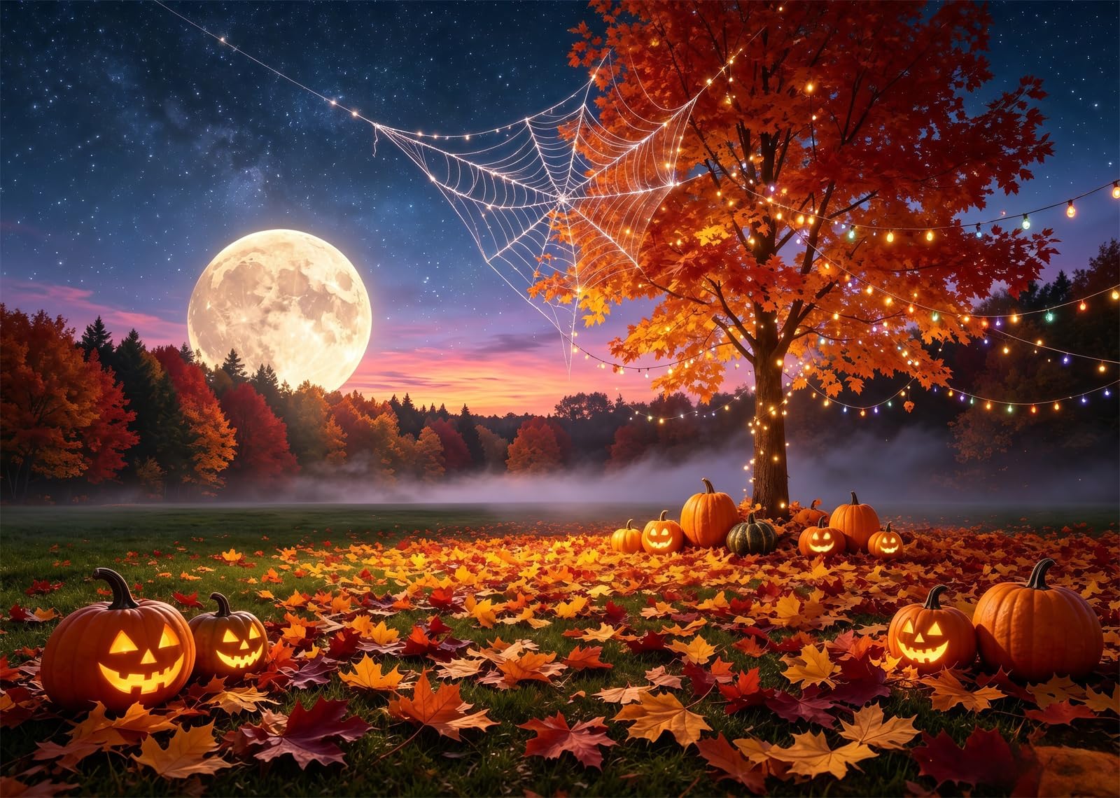 15x10FT (4.6x3m) Albero Halloween Sul Lago Sotto La Luna Sfondo Fotografico | Parco Festivo Di Zucche Al Chiar Di Luna Fondale In Tessuto,Lucine Ragnatela Acqua,Per Feste Halloween E Foto,Photo Booth