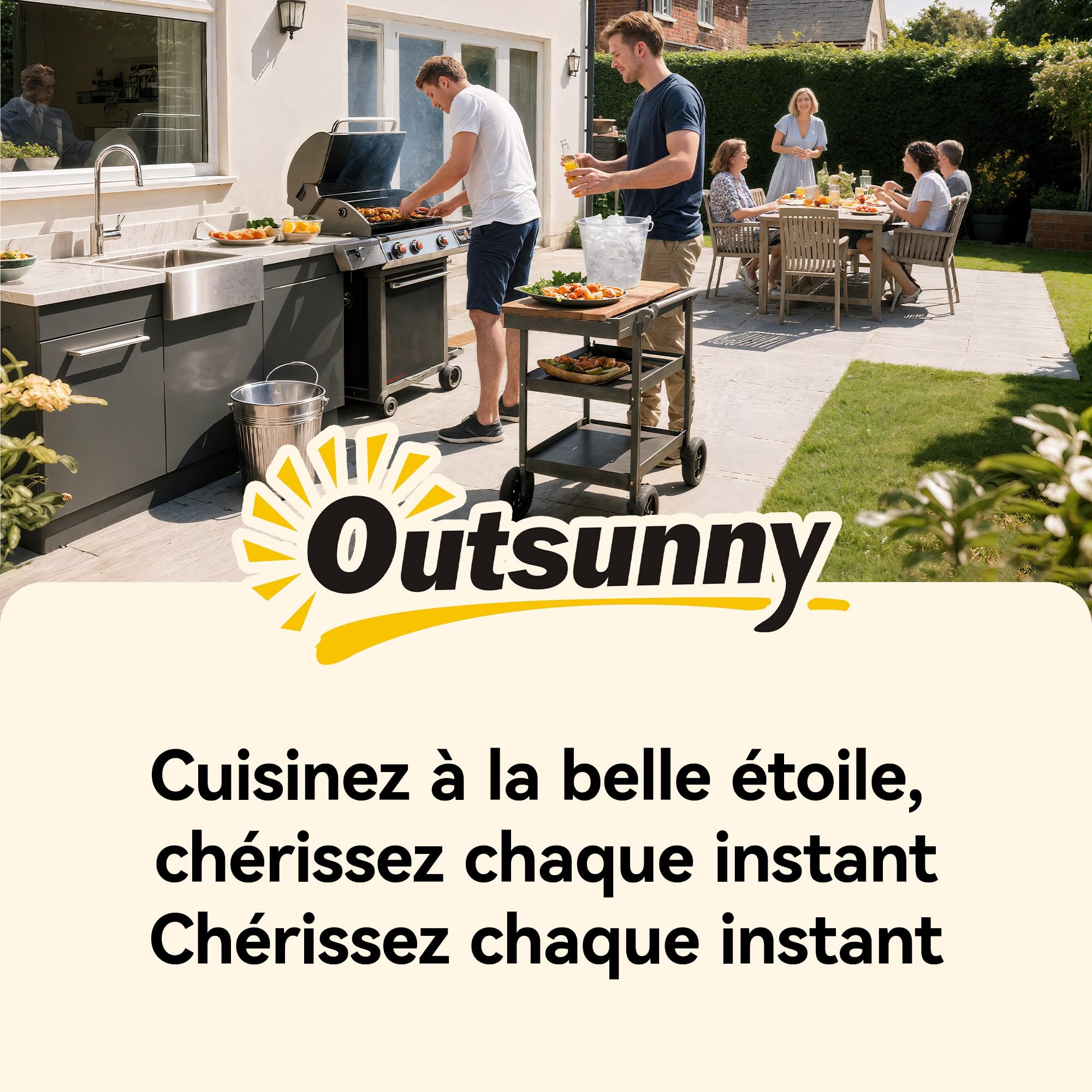 Outsunny Desserte Jardin Chariot de Barbecue sur roulettes îlot de Cuisine Plateau en Acier Inoxydable étagère Ouverte Crochets, poignée et Roues verrouillables, 82 x 55 x 79 cm, Noir