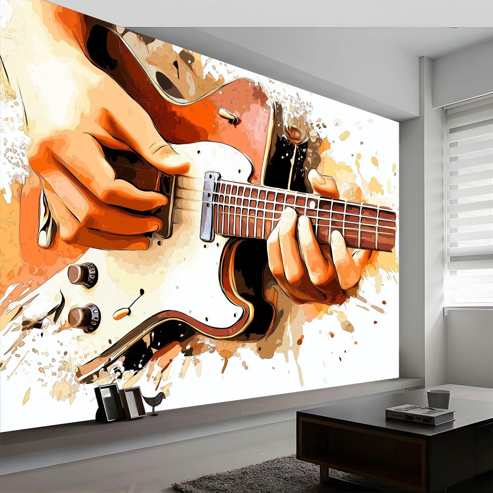 Watercolor Splash Guitar Rock Mural Wallpaper 300 x 210 cm, Wall Decoration Paper Poster Bohemian Grunge Style for Teen Kids Bedroom Playroom Home Decoration Wallpaper