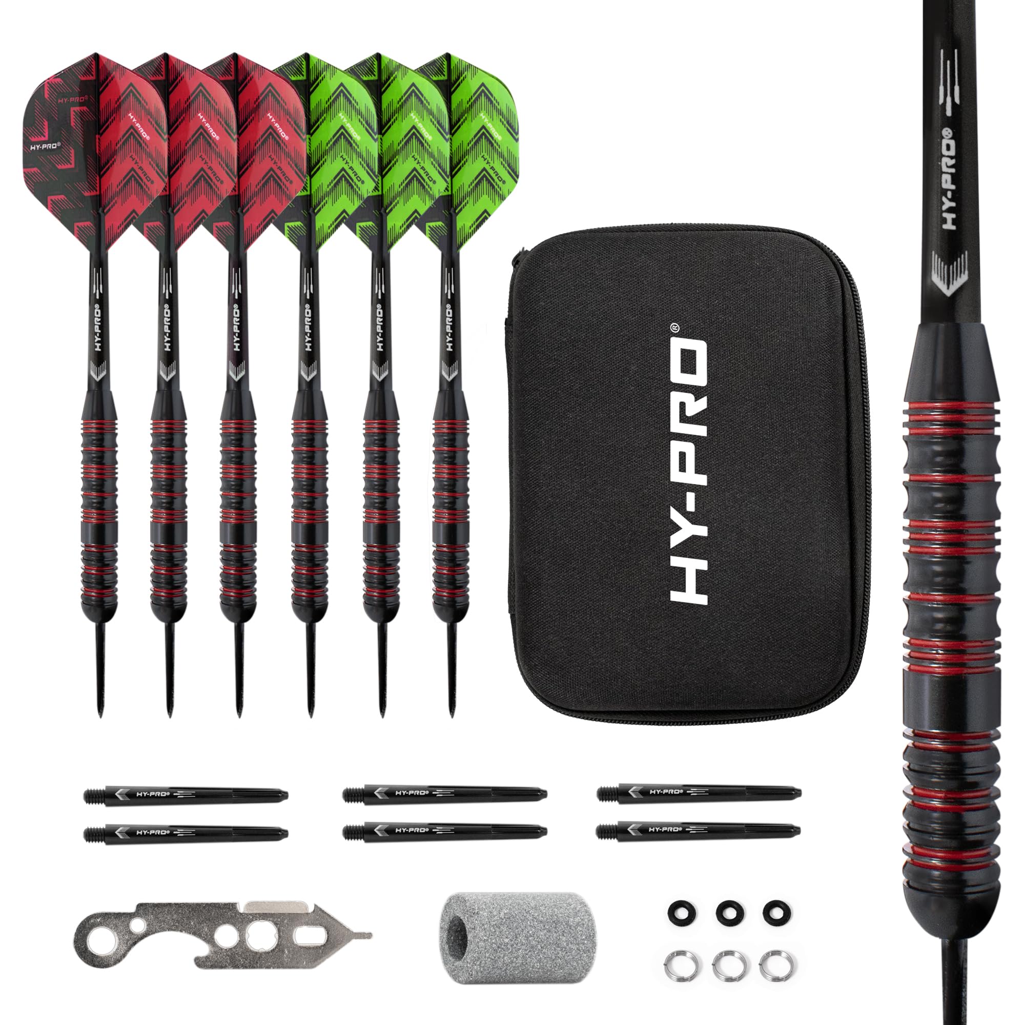 Hy-Pro Darts Set with Case - 22g Steel Tip Darts, 6x Aluminium Shafts, 6x Plastic Shafts, 12 Flights in Red and Green, 6x O'Rings, 6x Spring Rings, Sharpener, Dart Board Accessories Kit